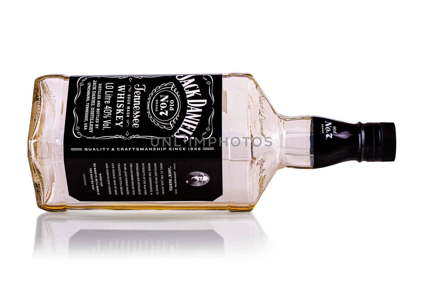 Kamchatka, Russia- 27 OCTOBER 2021: Empty bottle of Jack Daniel isolated on white background