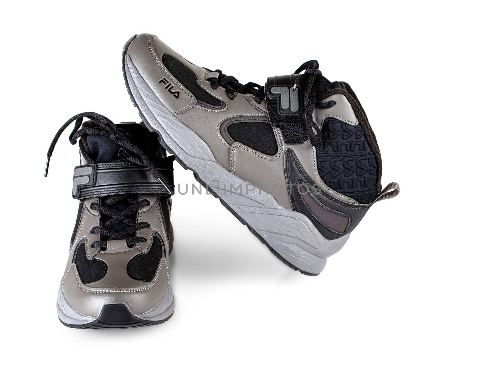 Kamchatka, Russia - OCTOBER 13, 2021  : Pair Fila winter warm  sneaker, Fila is one of the most popular models in the world