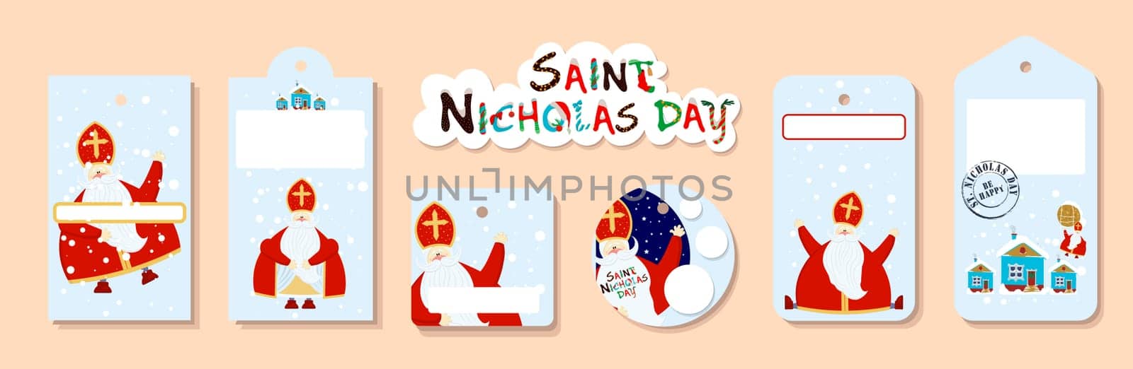 Bright festive paper price tags or gift tags of various shapes. Set of stickers for the day of St. Nicholas. St. Nicholas Day, Mikulas, Sinterklaas Eve. Gift tags.