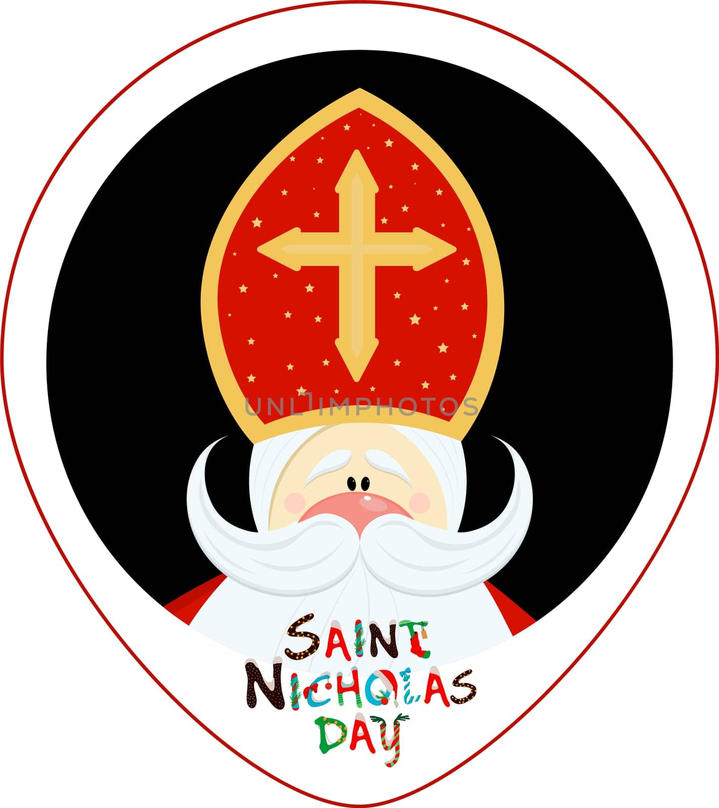 Round sign of St. Nicholas. Tag for St. Nicholas Day. Sinterklaas Eve. New Year's and Christmas.