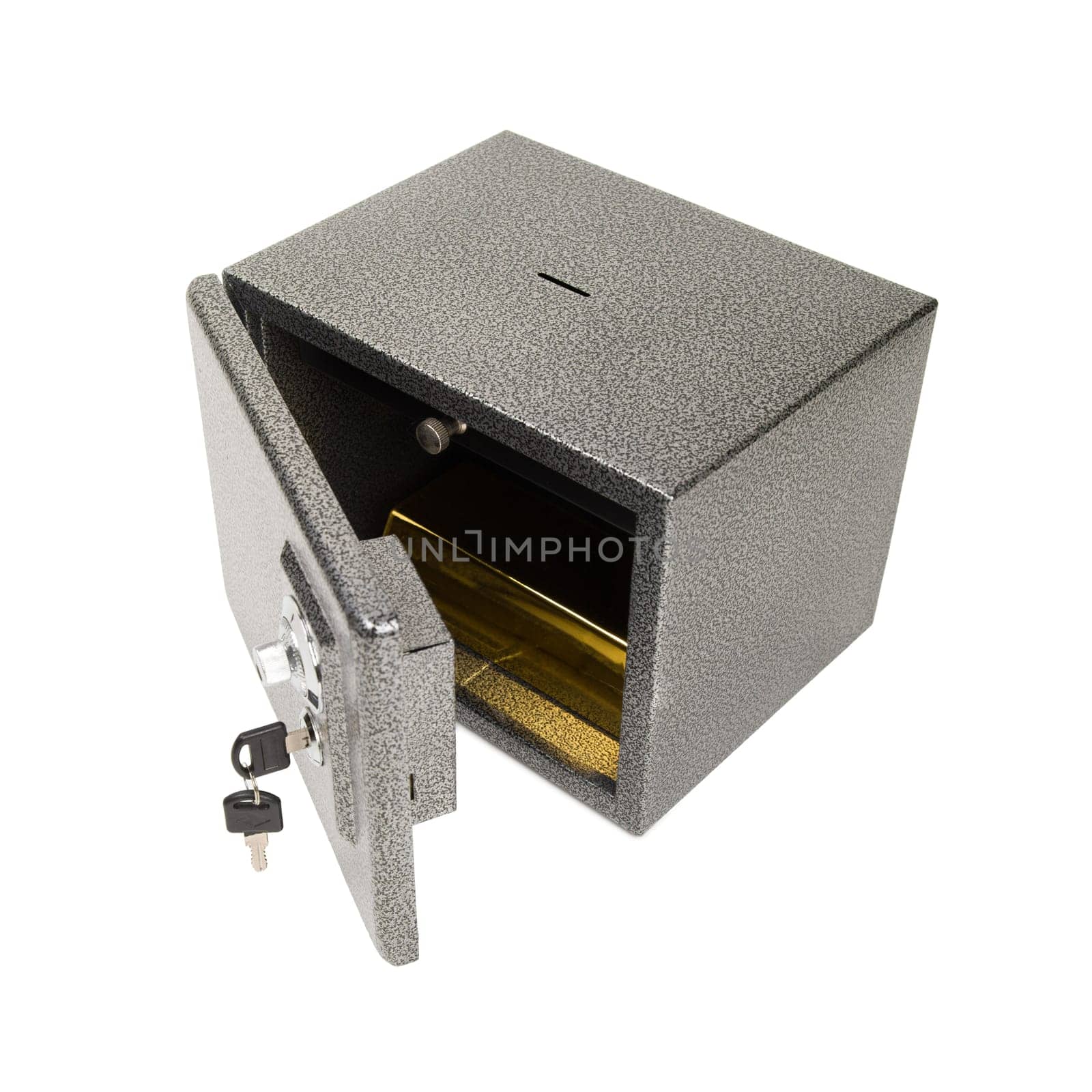 Opened safe with golden piece inside. Keeping the finances, money, gold safe concept. Isolated on white background