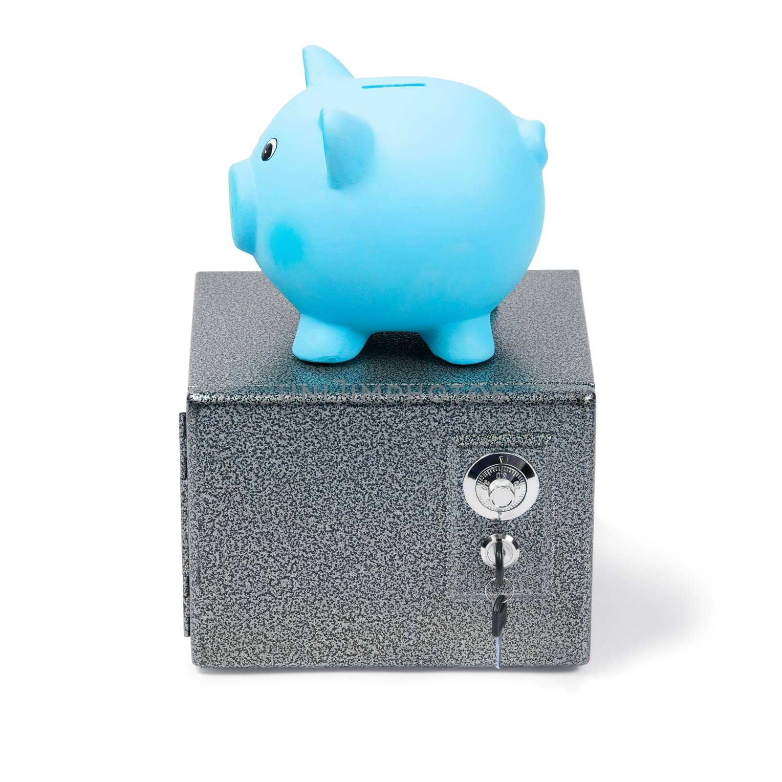 Blue ceramic piggy bank standing on a safe, isolated on white background. Bank savings, economy, financials investments, saving to buy a house, a car, for retirement concept.