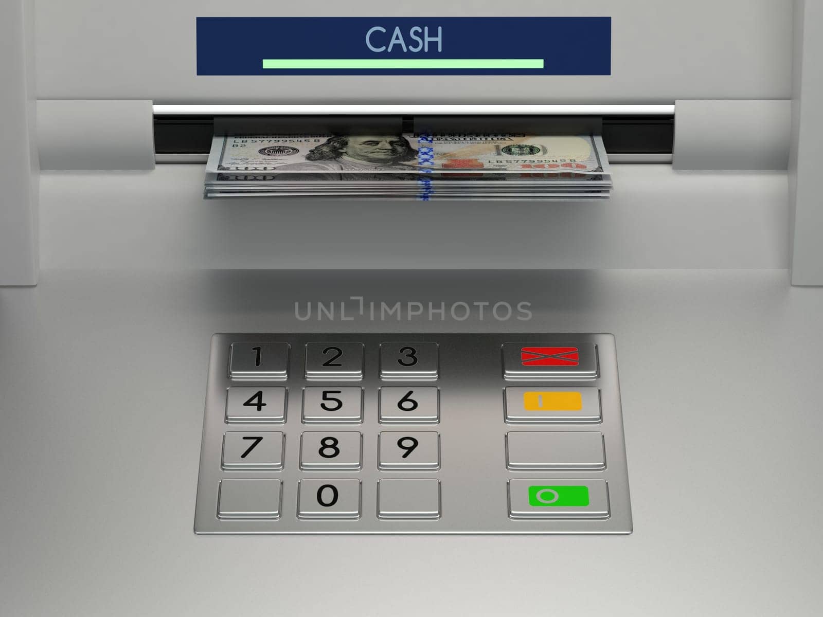 Atm machine keypad with banknotes in the money slot. Password security, online payment, cash withdrawal deposit, transfer funds, giving money returning bank debt concept. 3D illustration