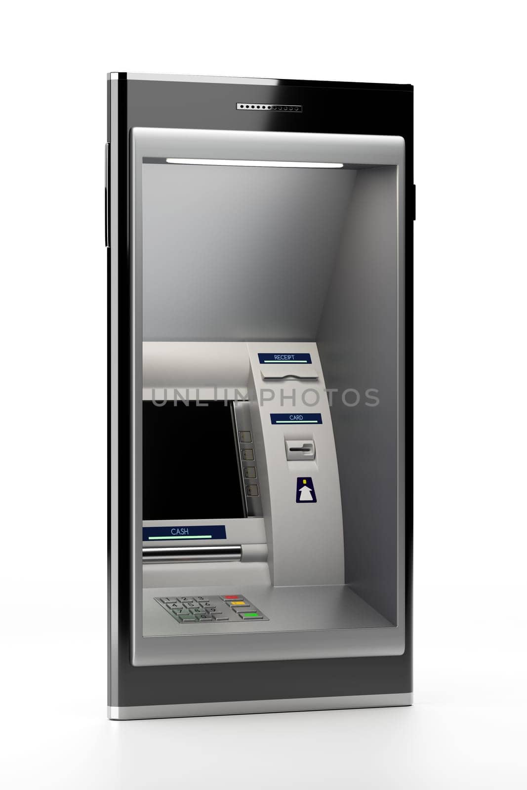 Mobile phone with atm machine. Display screen, buttons, cash dispenser, receipt. Online financial transactions, mobile banking. pin code safety, electronic cash withdrawal concept. 3D illustration