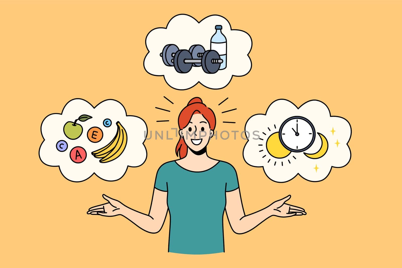 Healthy lifestyle and ration concept. Young positive pretty woman standing with healthy foods workout dumbbels and sleeping time schedule vector illustration