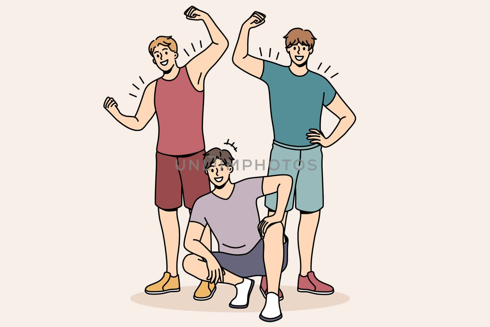 Athletes and sport lifestyle concept. group of young smiling strong men standing sitting showing biceps after workout vector illustration