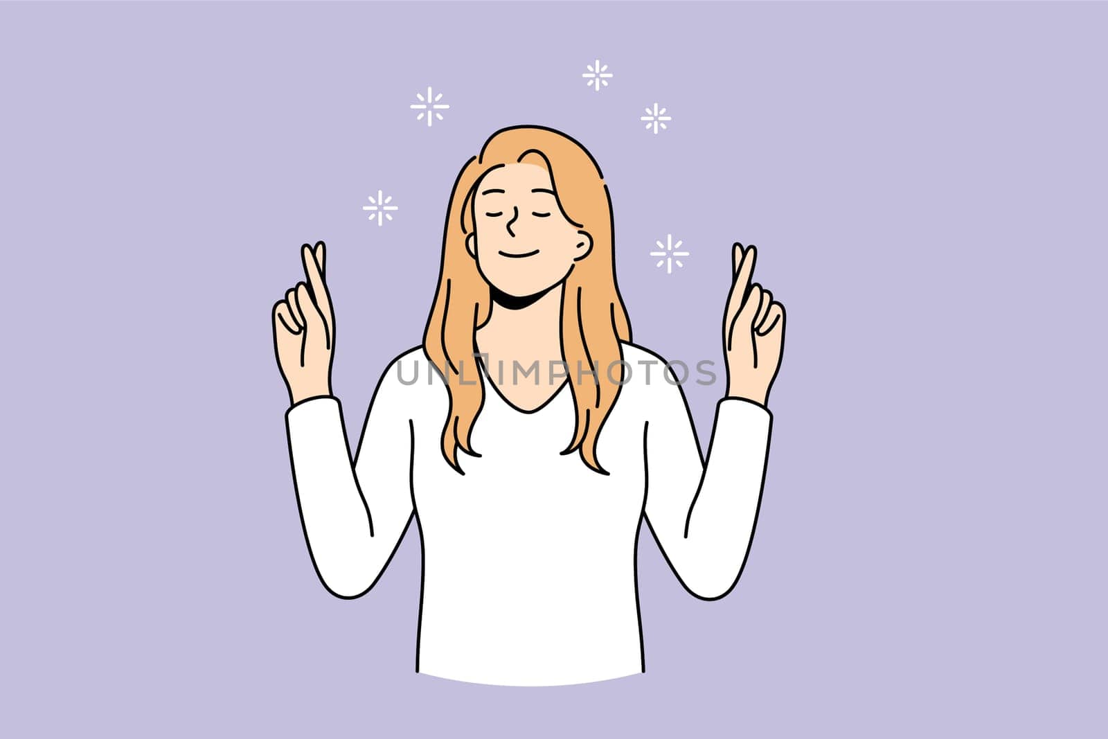 Feeling hope with crossed fingers concept. Young positive woman cartoon character standing with eyes closed holding fingers crossed vector illustration
