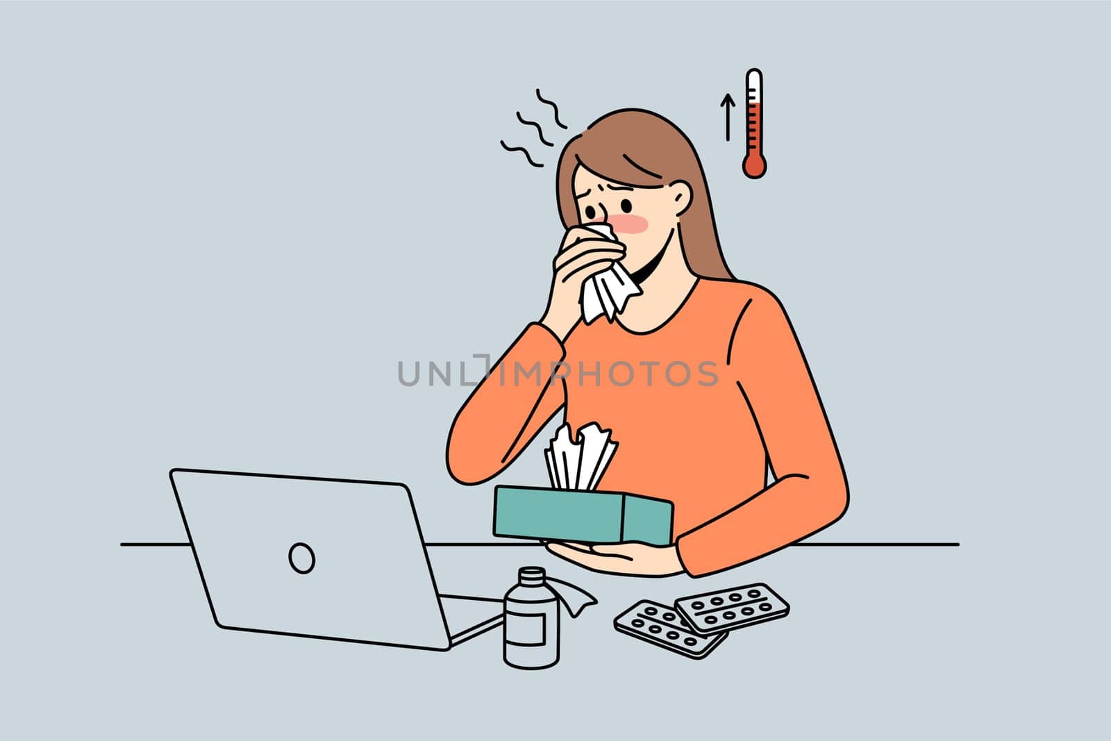 Feeling fever and ill concept. Young woman worker cartoon character sitting in office at laptop having high temperature and sick vector illustration