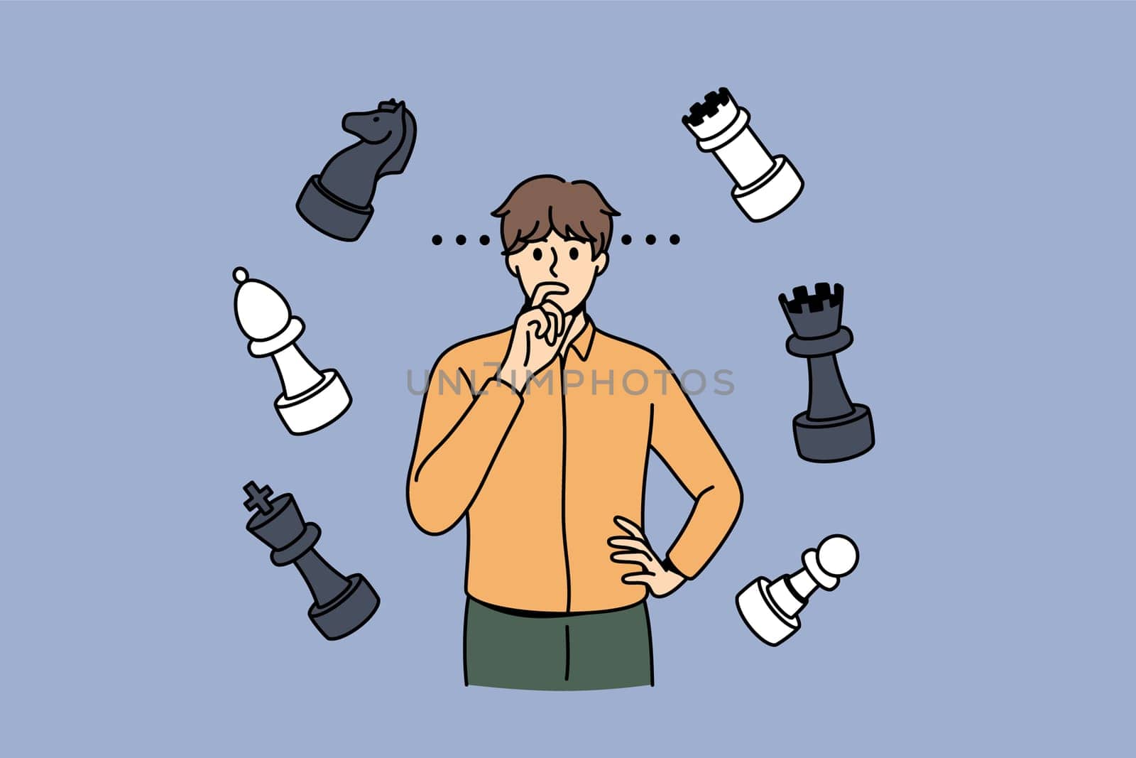 Thinking of strategy and chess concept. Young man cartoon character standing thinking with chess figured flying around vector illustration