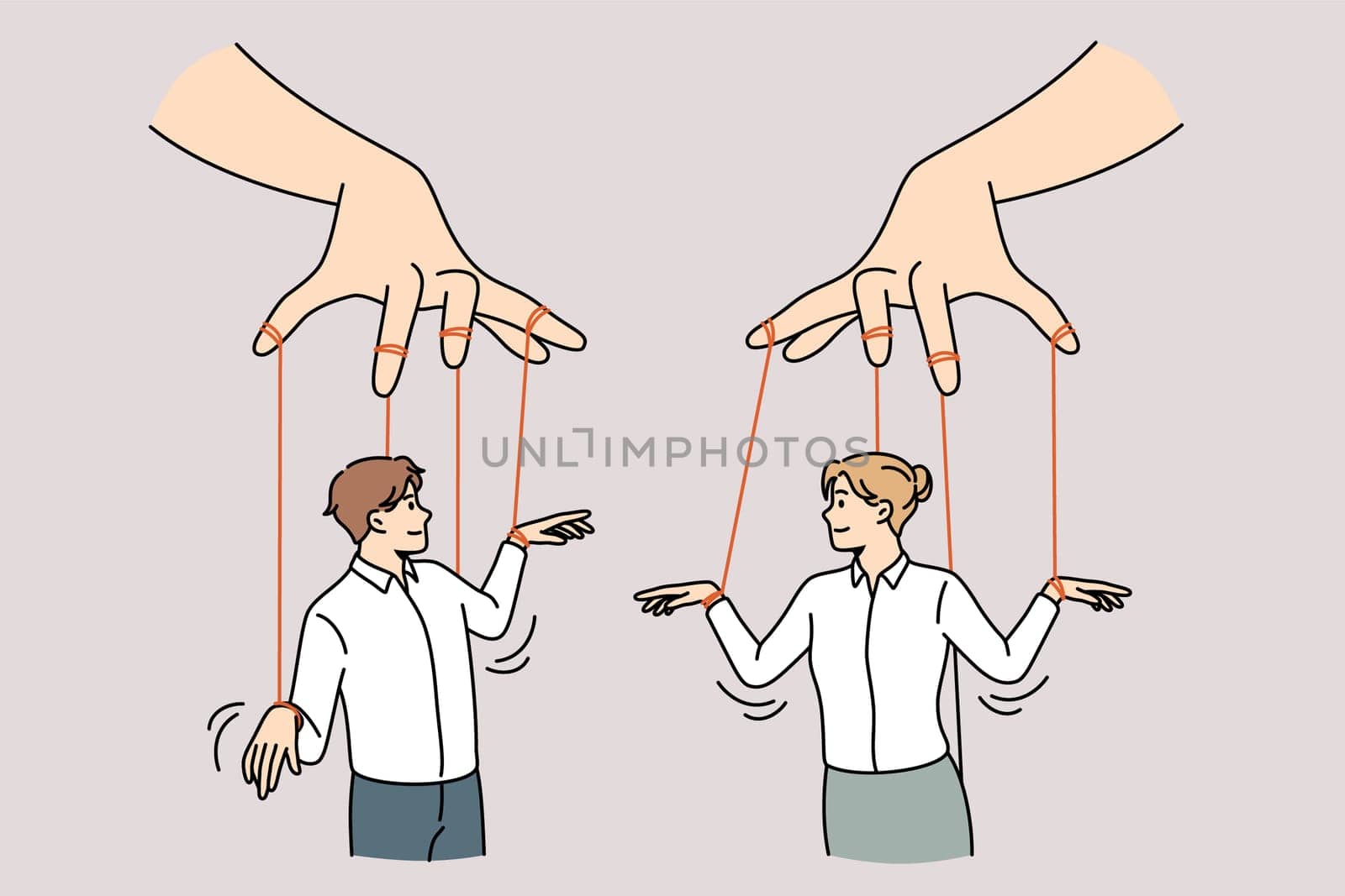 Social influence and independence concept. Human hands holding two business people with threads as marionettes vector illustration