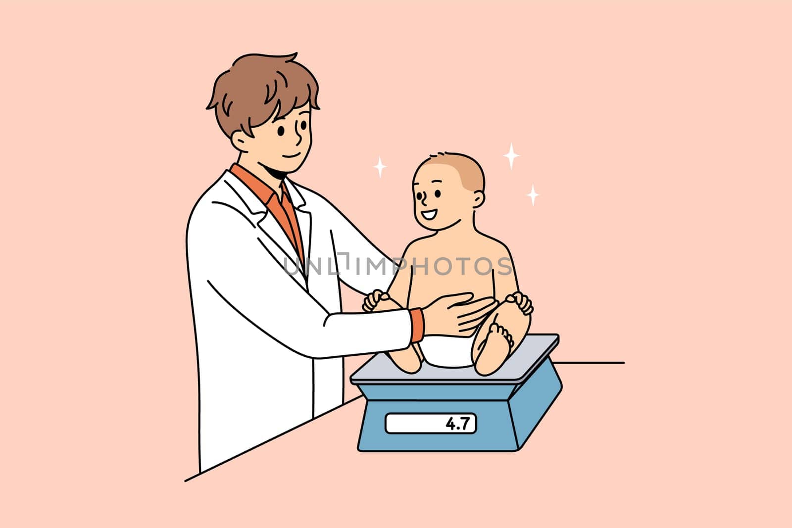 Working as pediatrician with babies concept. Young man doctor in white uniform standing and measuring happy baby weight with scales vector illustration