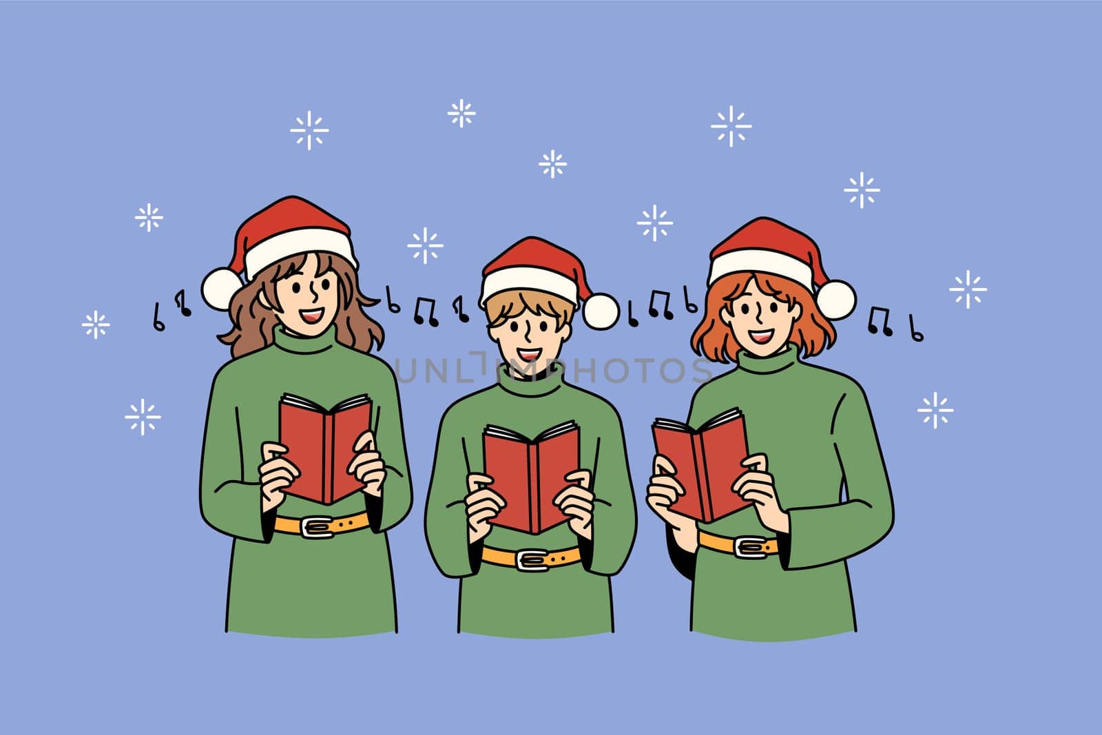 Gospel and Christmas celebration concept. Group of children teens in green sweaters and santa hats standing and singing traditional songs for holiday vector illustration