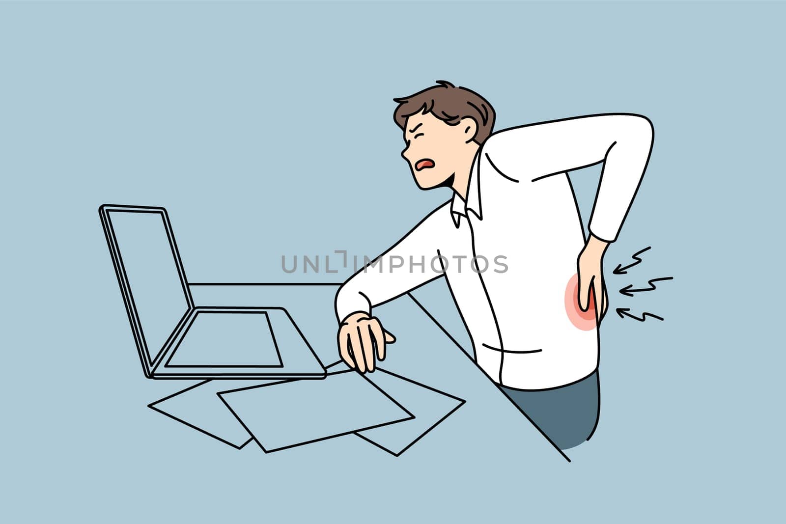 Feeling back pain in office concept. Irritated man office worker sitting at laptop touching back feeling pain vector illustration