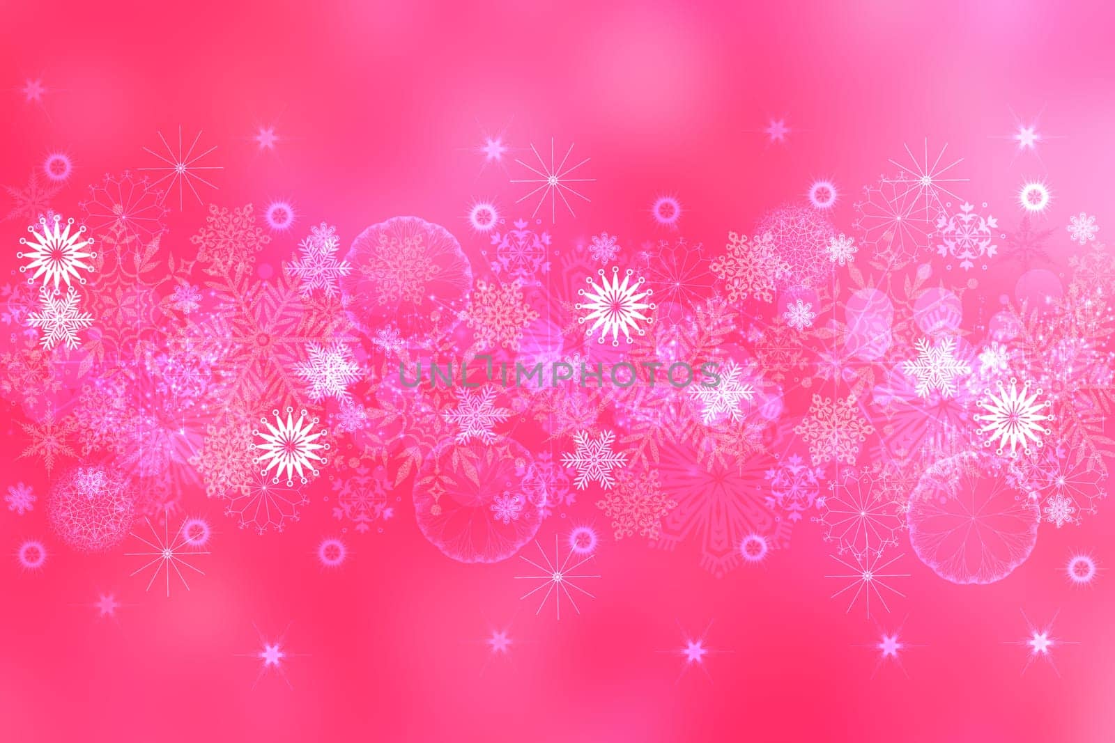 Christmas card template. Abstract festive red pink christmas background texture with bokeh lighted xmas stars, baubles and circles. Beautiful card design. Space.
