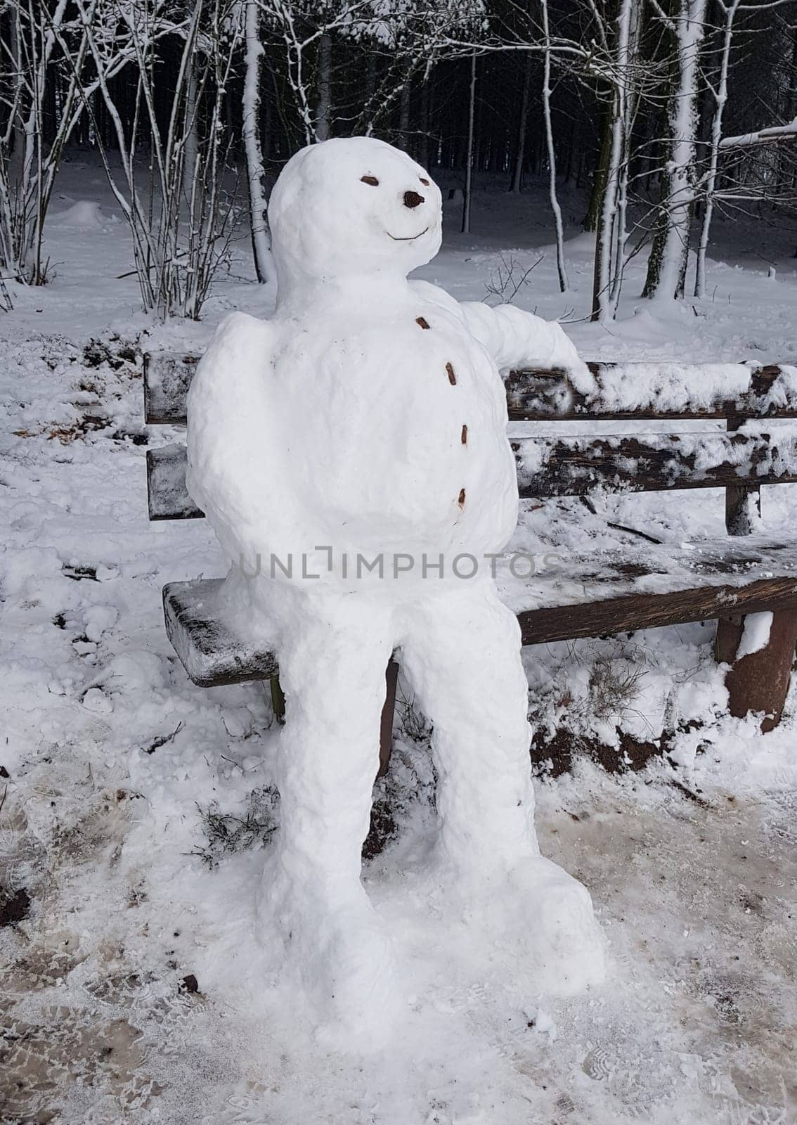 Snowman resting on a bench. Snowman resting on a bench.