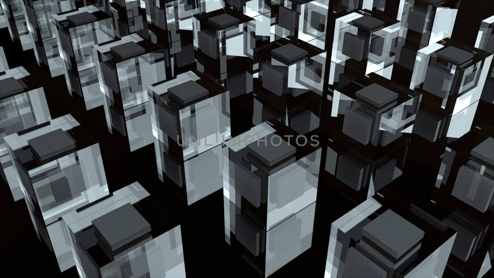 Geometric cabinets with 3d render transparent walls. Crystal server room for storing blocks of information. Square microprocessors of quantum computer for digital calculations.