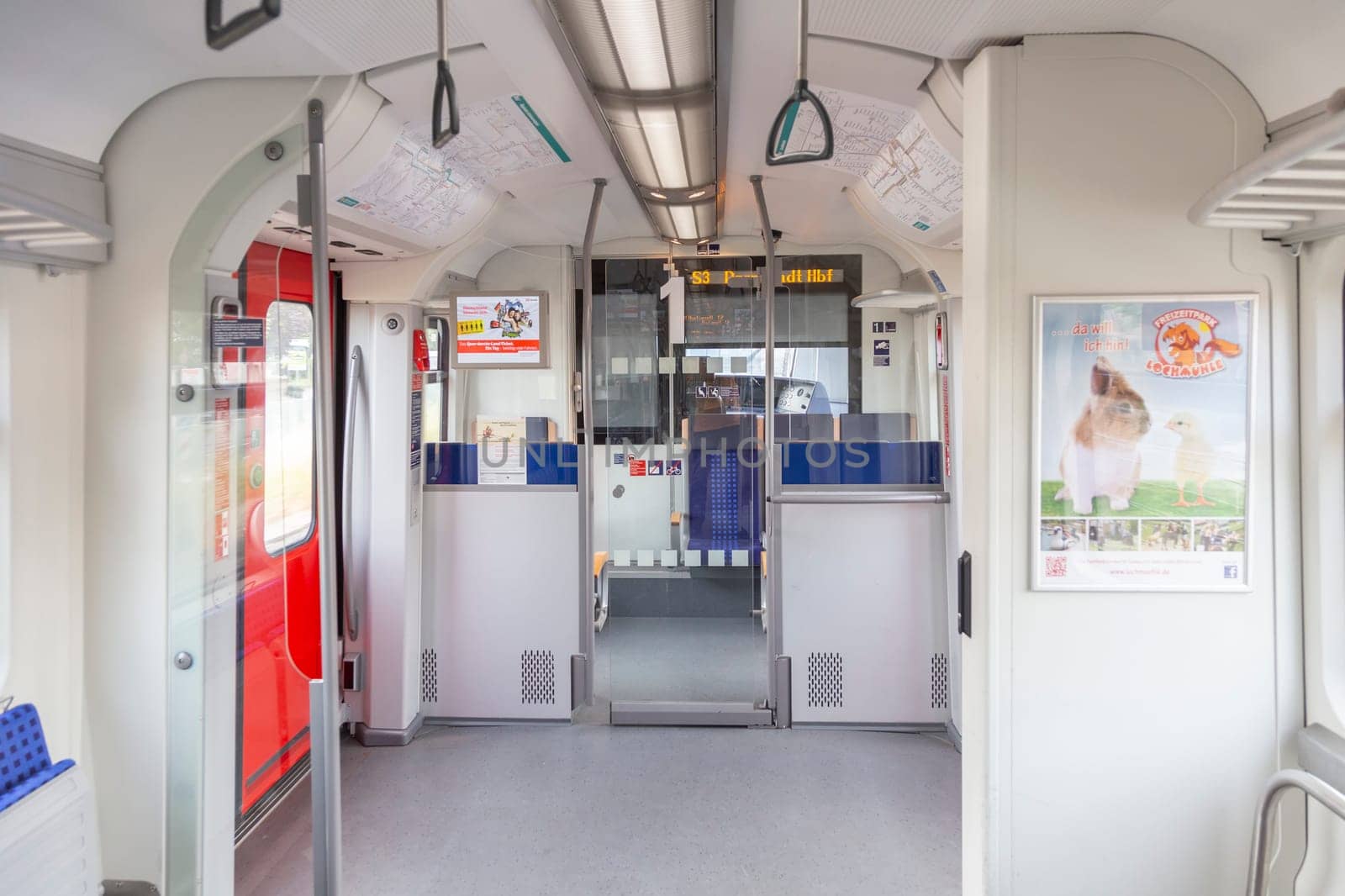 Frankfurt, Germany - June 15, 2015: inside the S-Bahn, the local public transportatio system in Frankfurt, Germany.