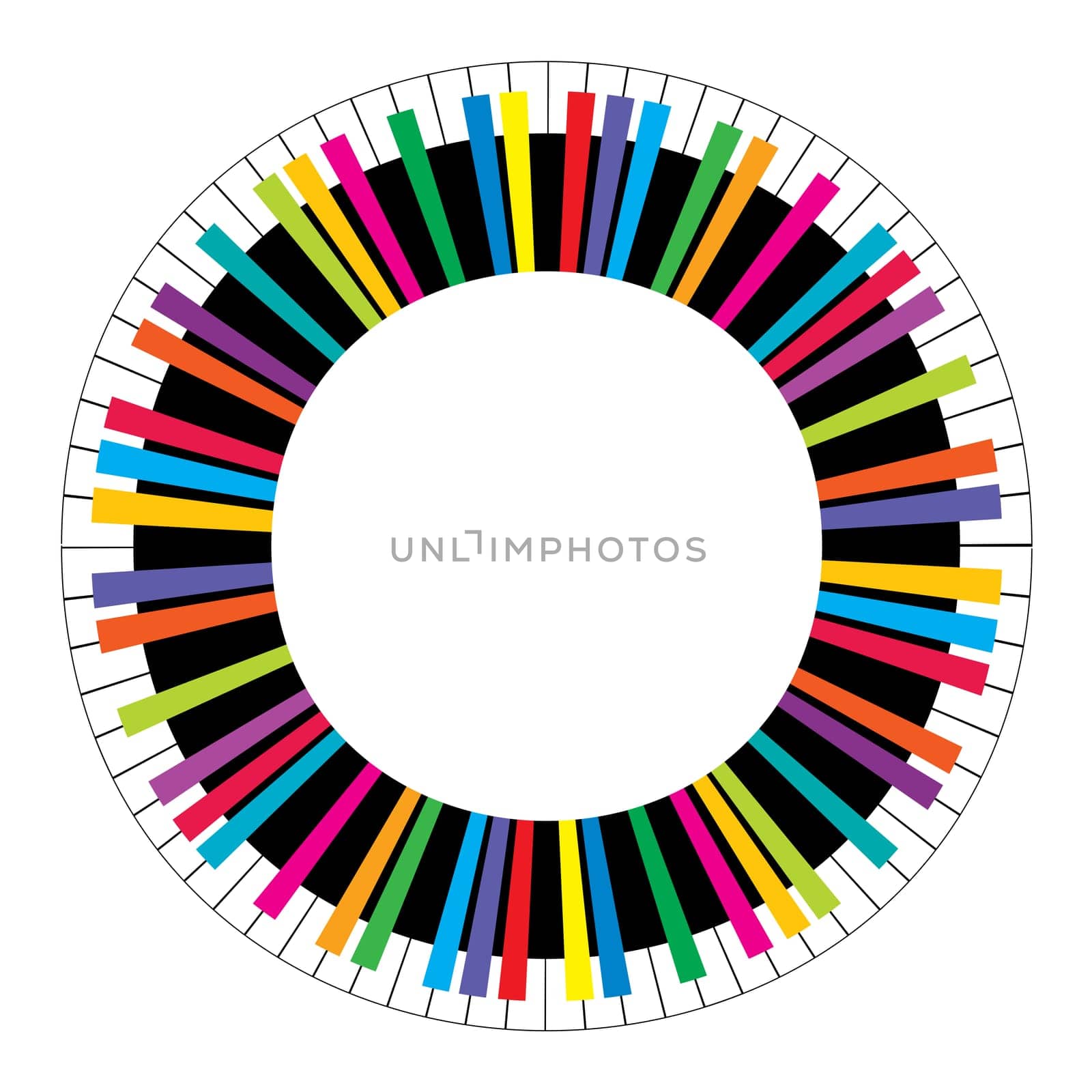 Abstract colored circular piano keys on white background