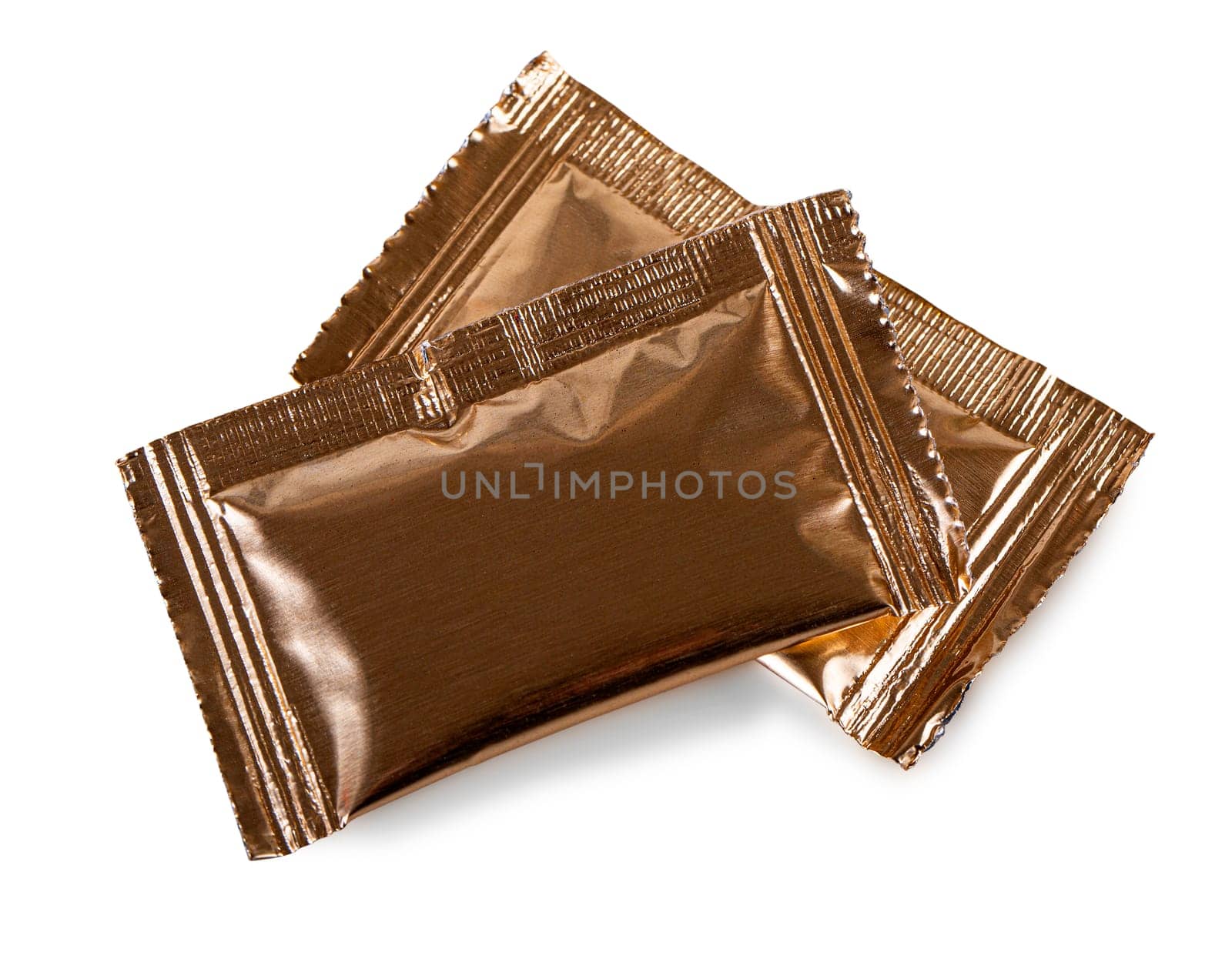 The gold aluminum foil bag package isolated on white background