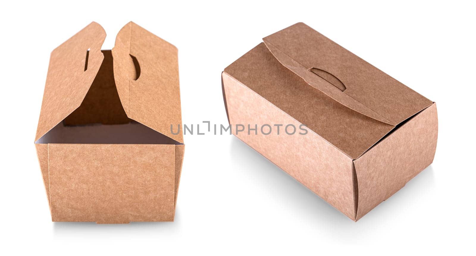 The Brown opened  paper food box isolated on white background with clipping path