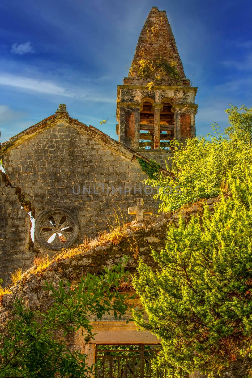 The old ruined Catholic church in Kotor Bay, Montenegro