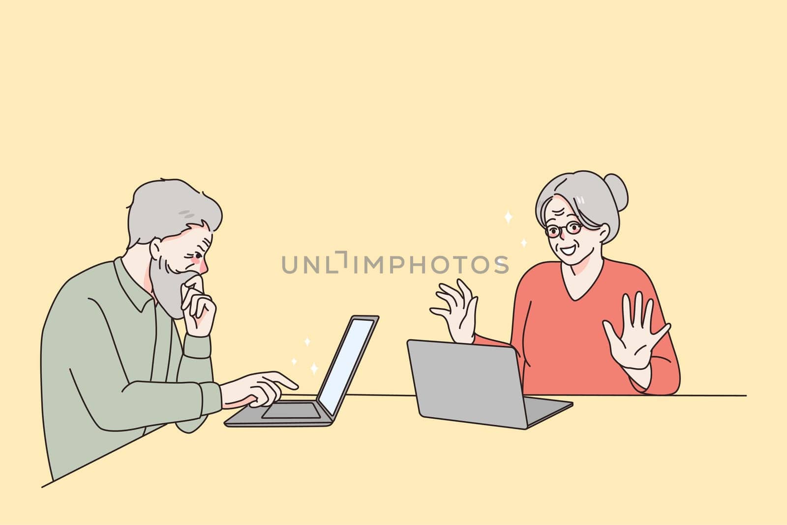 Modern happy lifestyle of pensioners concept. Smiling cheerful elderly mature couple man and woman sitting near laptops and using internet vector illustration