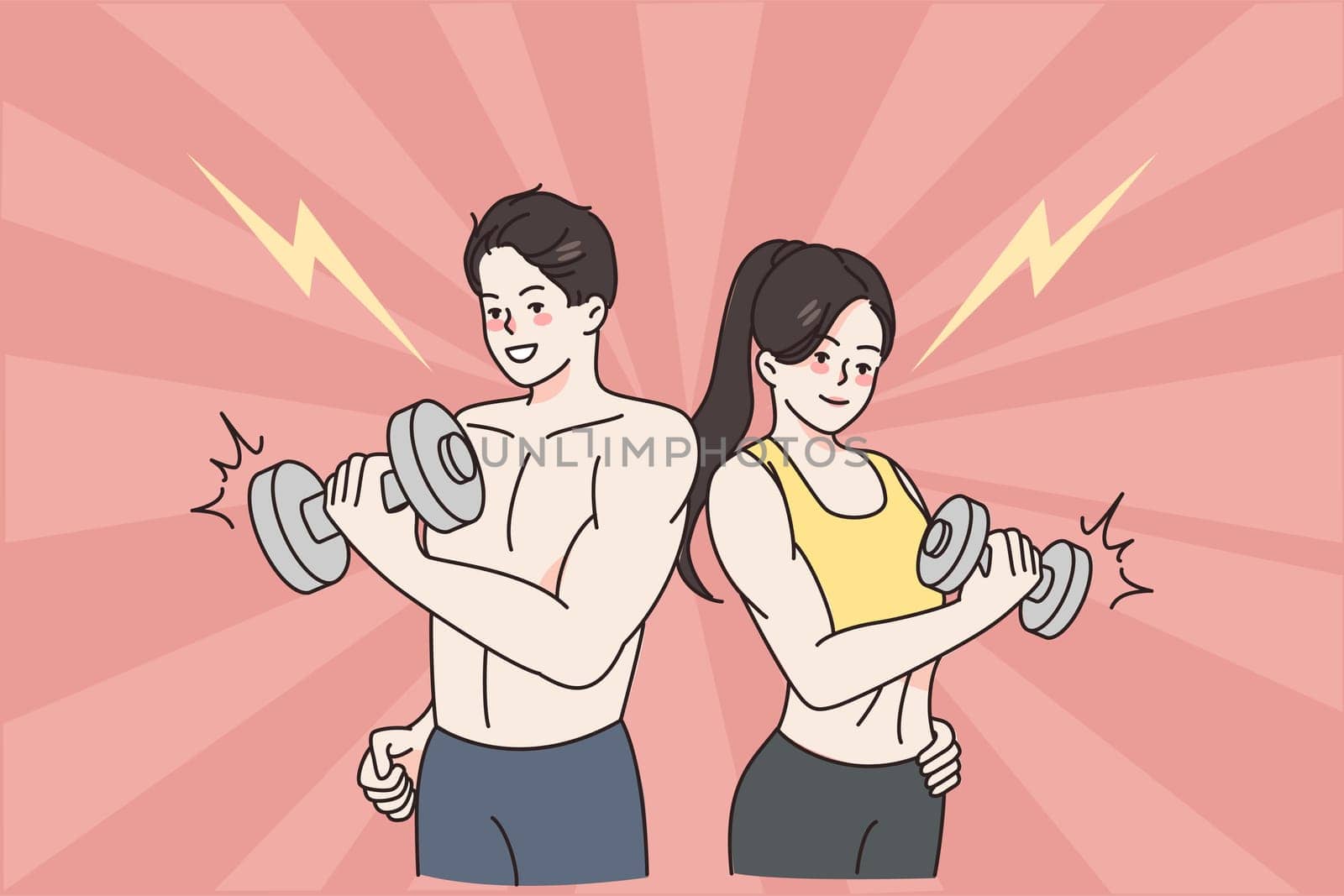 Sporty active lifestyle and workout concept. Young positive couple man and woman standing wearing sportswear holding dumbbels during training vector illustration