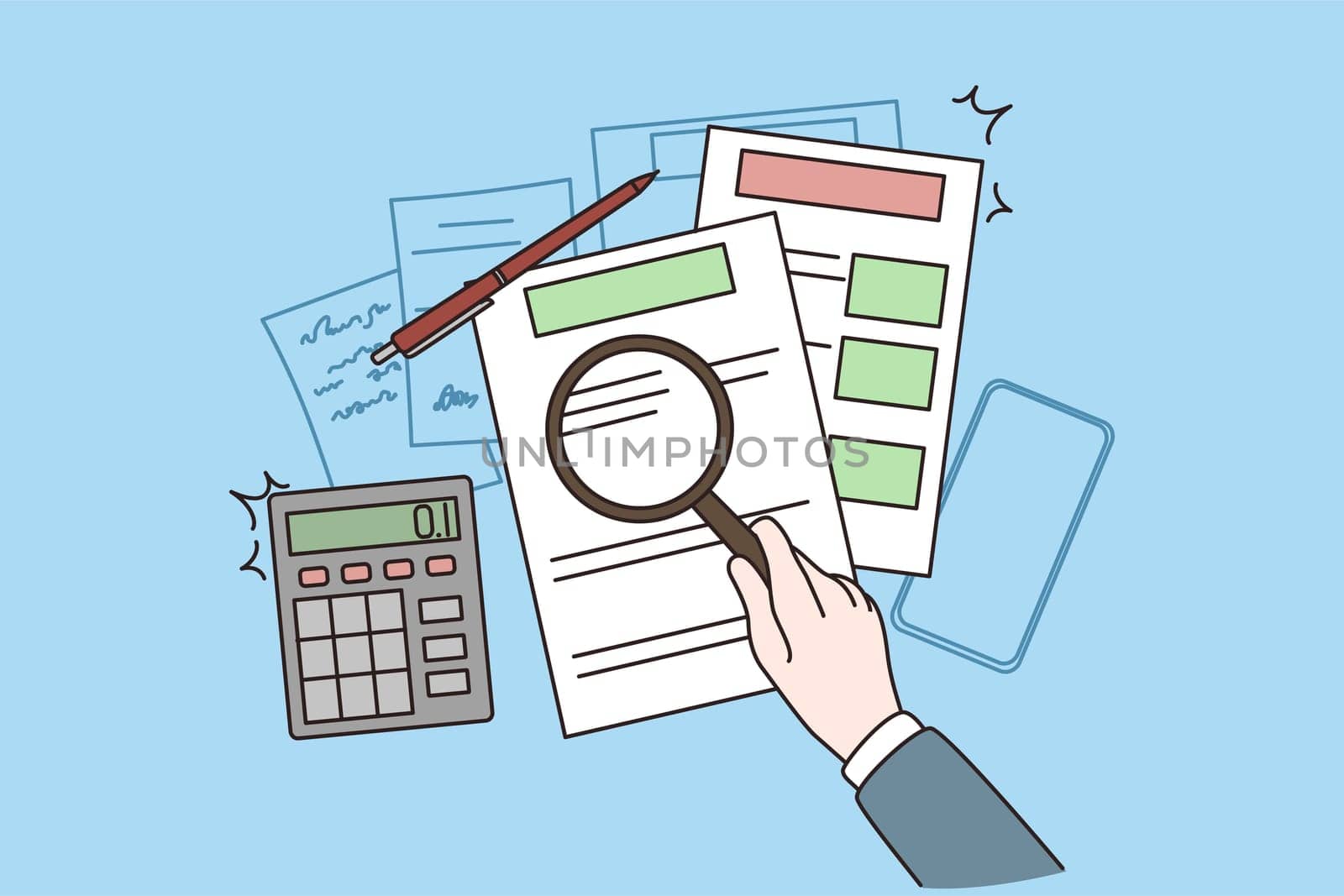 Financial analysis and figures concept. Top view of human hands worker counting bills figures with magnifier and calculator over table vector illustration