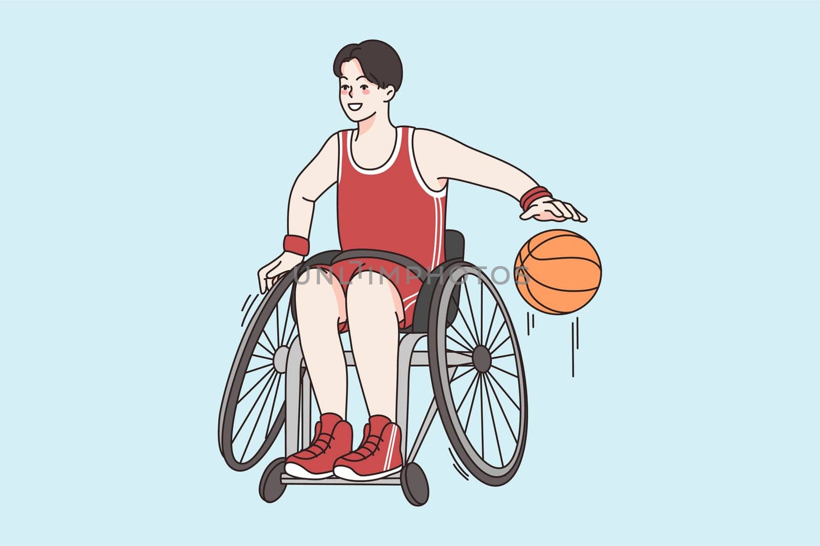 Active lifestyle of disabled person concept. Young smiling boy on wheelchair sitting playing basketball enjoying sporty lifestyle vector illustration