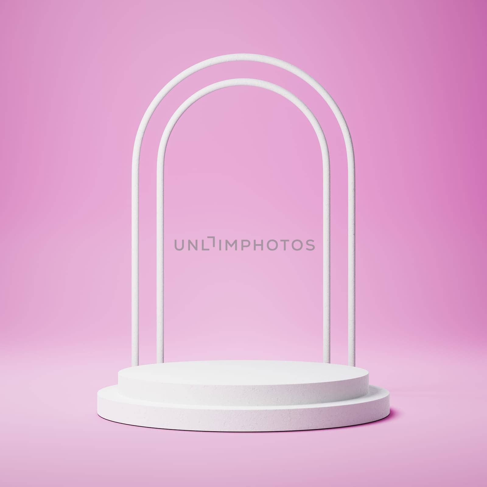 Empty Round Shaped White Stucco Product Display Podium with Decoration on Pink Background. 3D Rendering Illustration