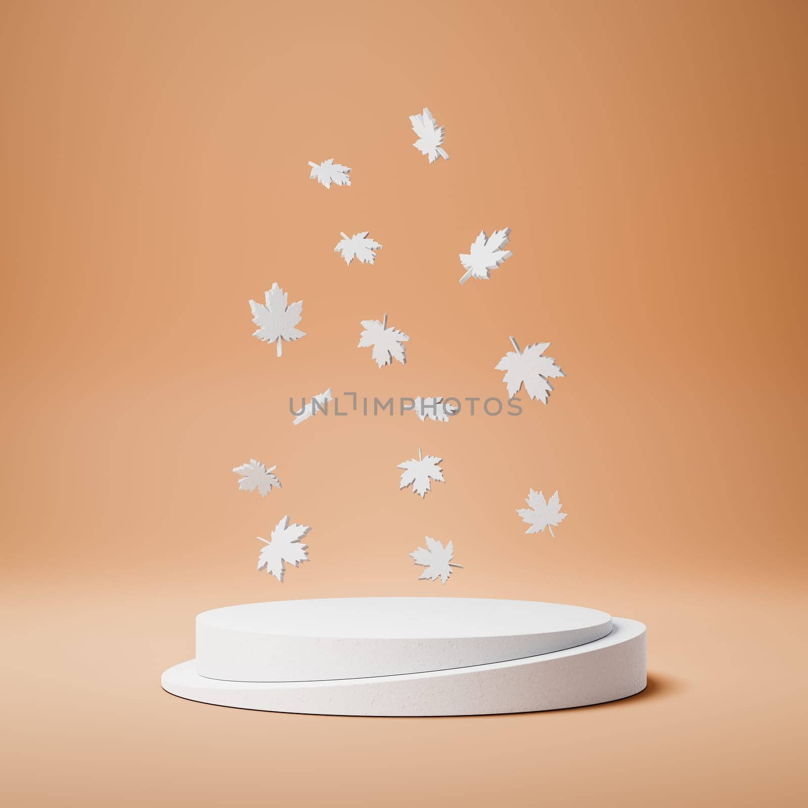 Empty Cylindrical Slices White Stucco Product Display Podium with Falling Leaves on Orange Background. 3D Rendering, Autumn Concept Illustration