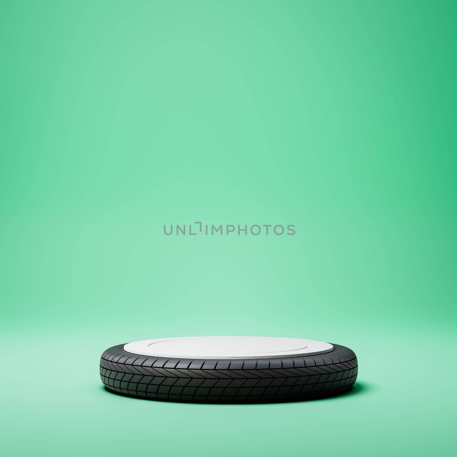 Empty Rounded Black and White Stucco Tire Shaped Product Display Pedestal on Green Background. 3D Rendering Illustration