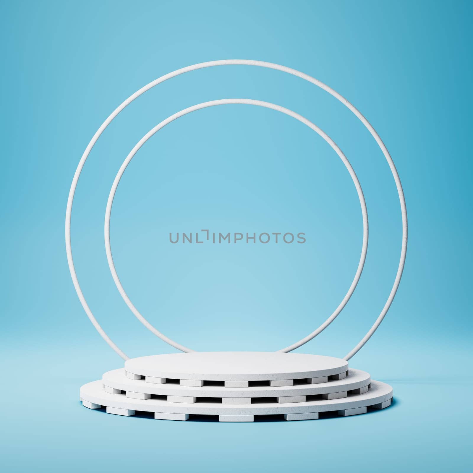 Empty Cylindrical White Stucco Product Display Podium with Circles Decoration on Blue Background. 3D Rendering Illustration
