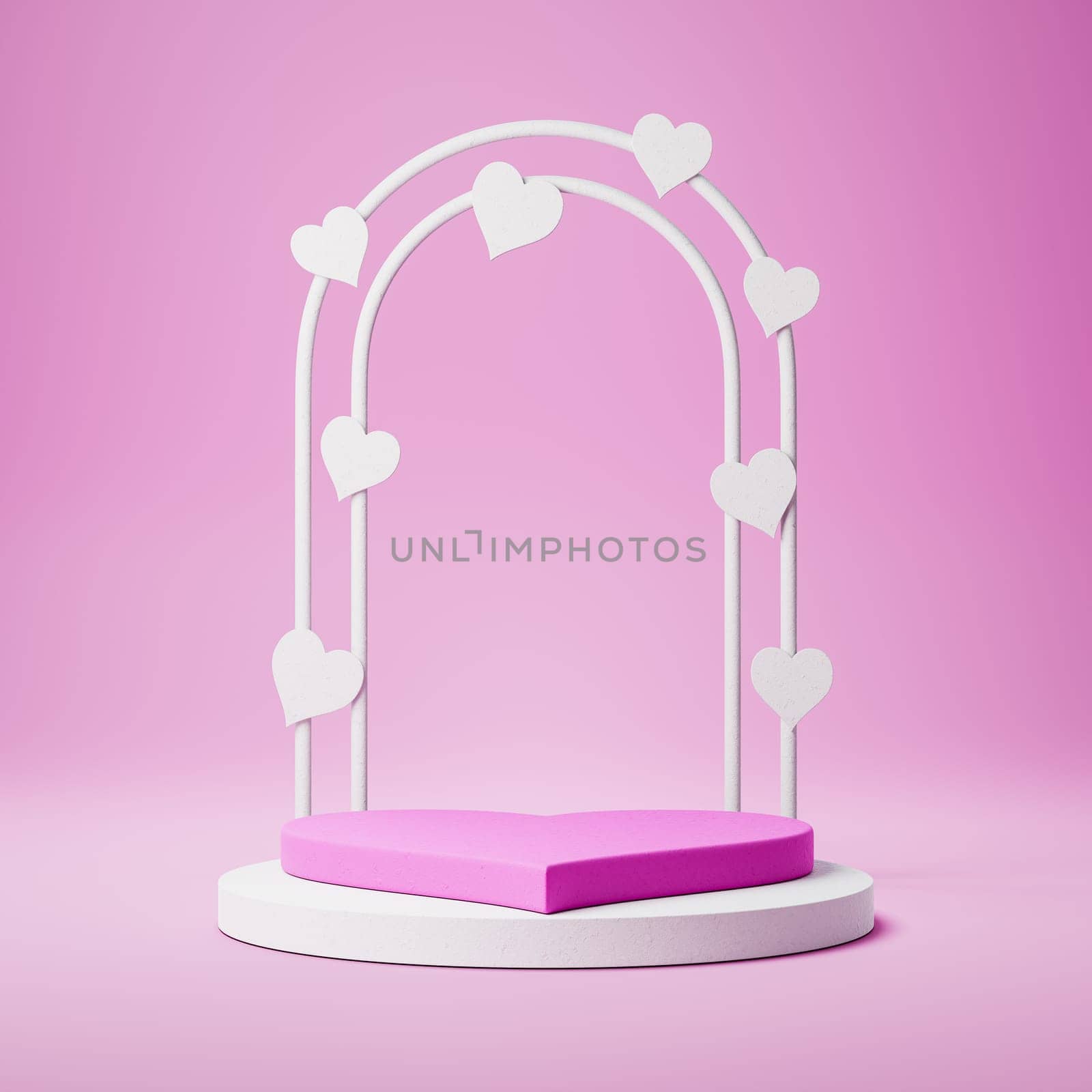 Empty Heart Shaped White Stucco Product Display Podium with Decoration on Pink Background. 3D Rendering Illustration, Love Concept