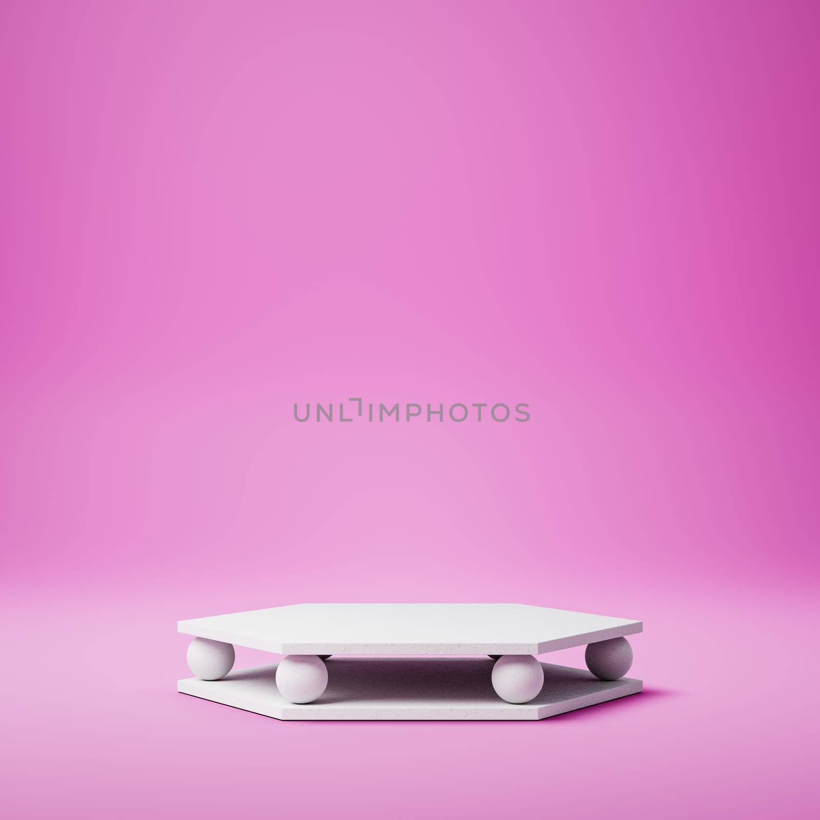 Empty Hexagonal White Stucco Product Display Stage with Spheres on Purple Background. 3D Rendering Illustration