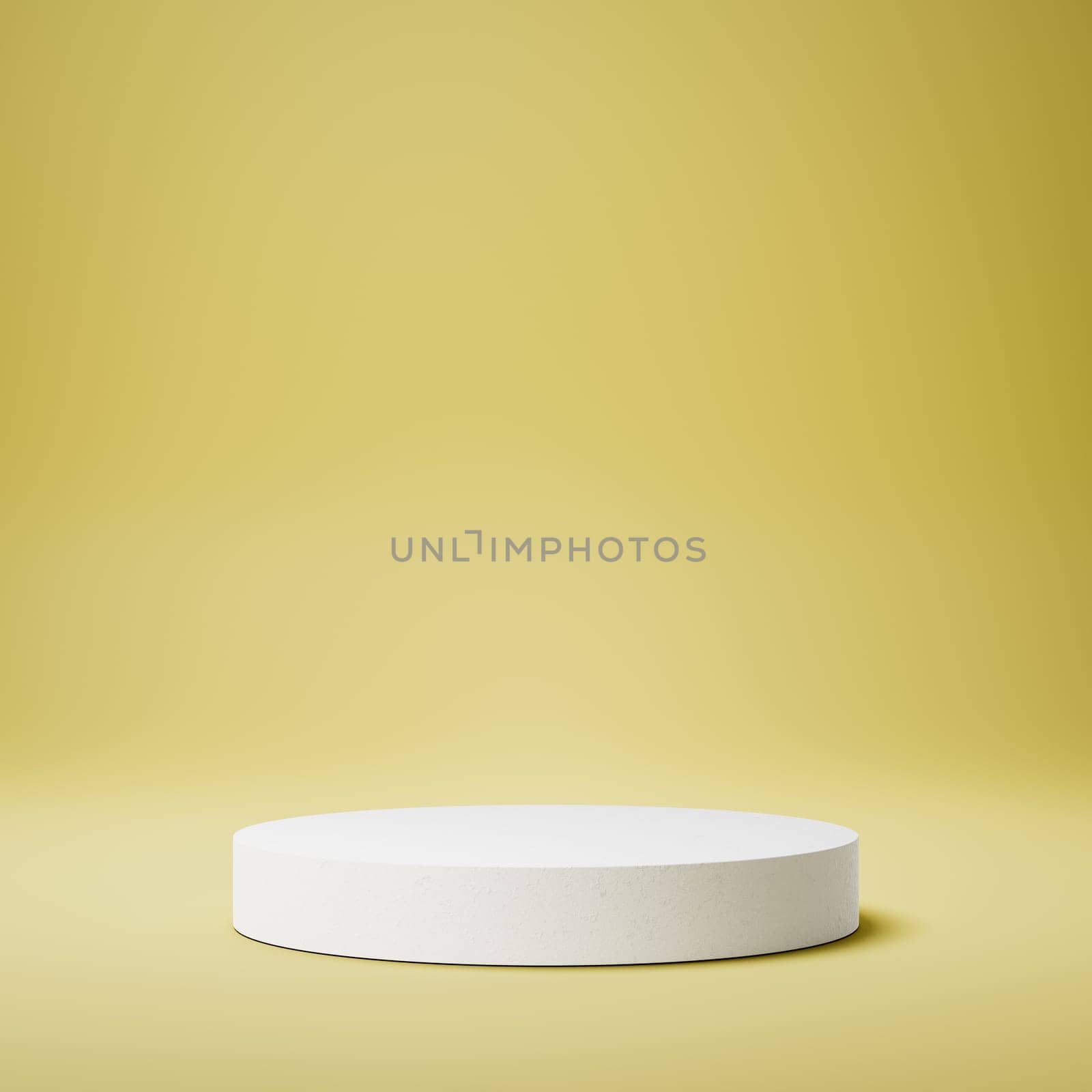 Empty Cylindrical White Stucco Product Display Stage on Yellow Background. 3D Rendering Illustration
