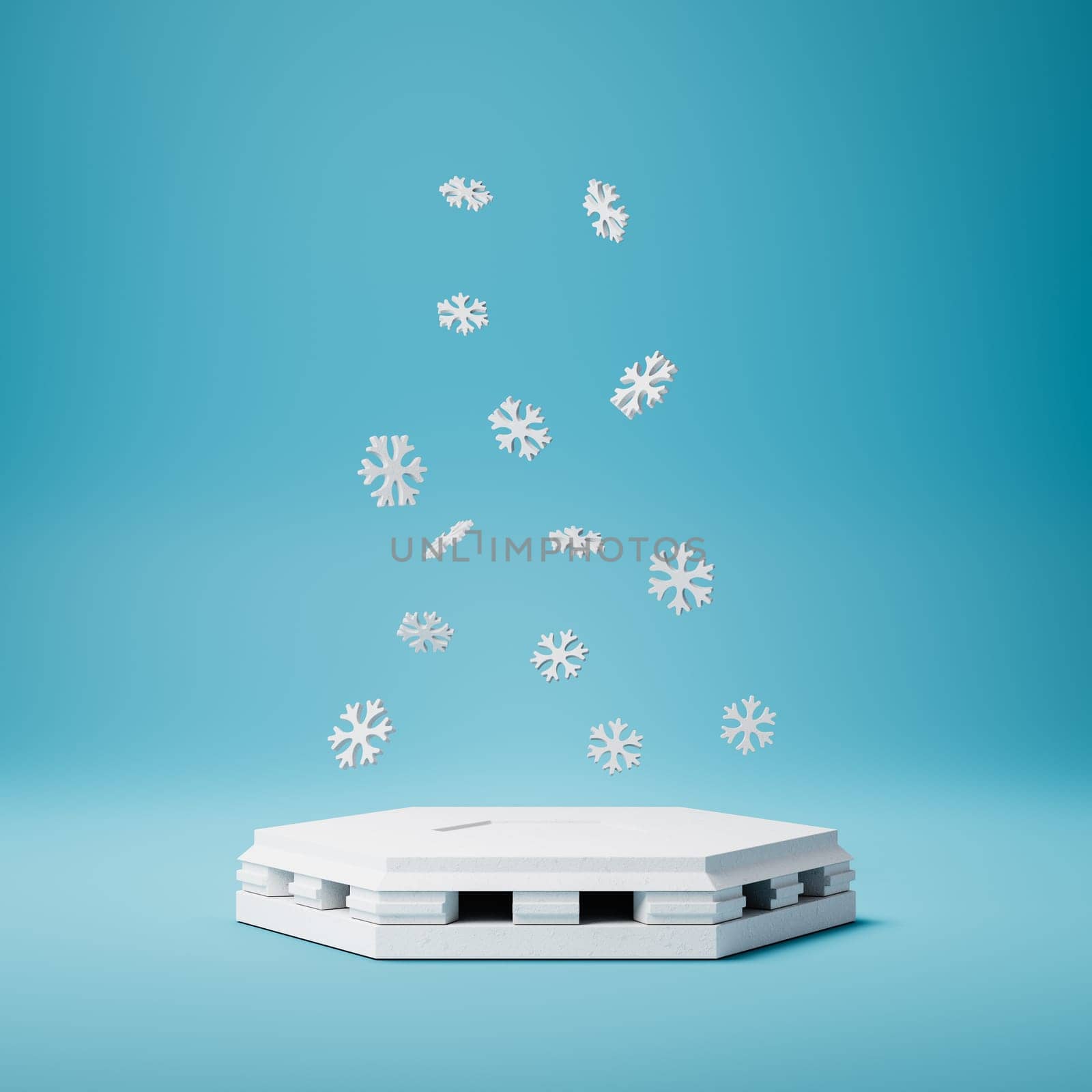 Empty Hexagonal White Stucco Product Display Podium with Snowflakes on Blue Background. 3D Rendering Illustration, Winter Concept