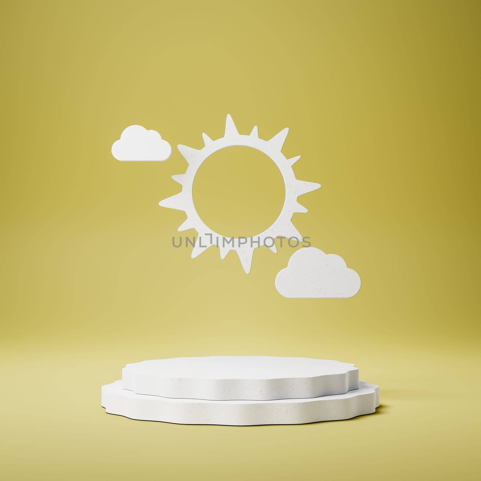 Empty Rounded White Stucco Product Display Stage with Sun and Clouds on Yellow Background. 3D Rendering Illustration, Summer Concept