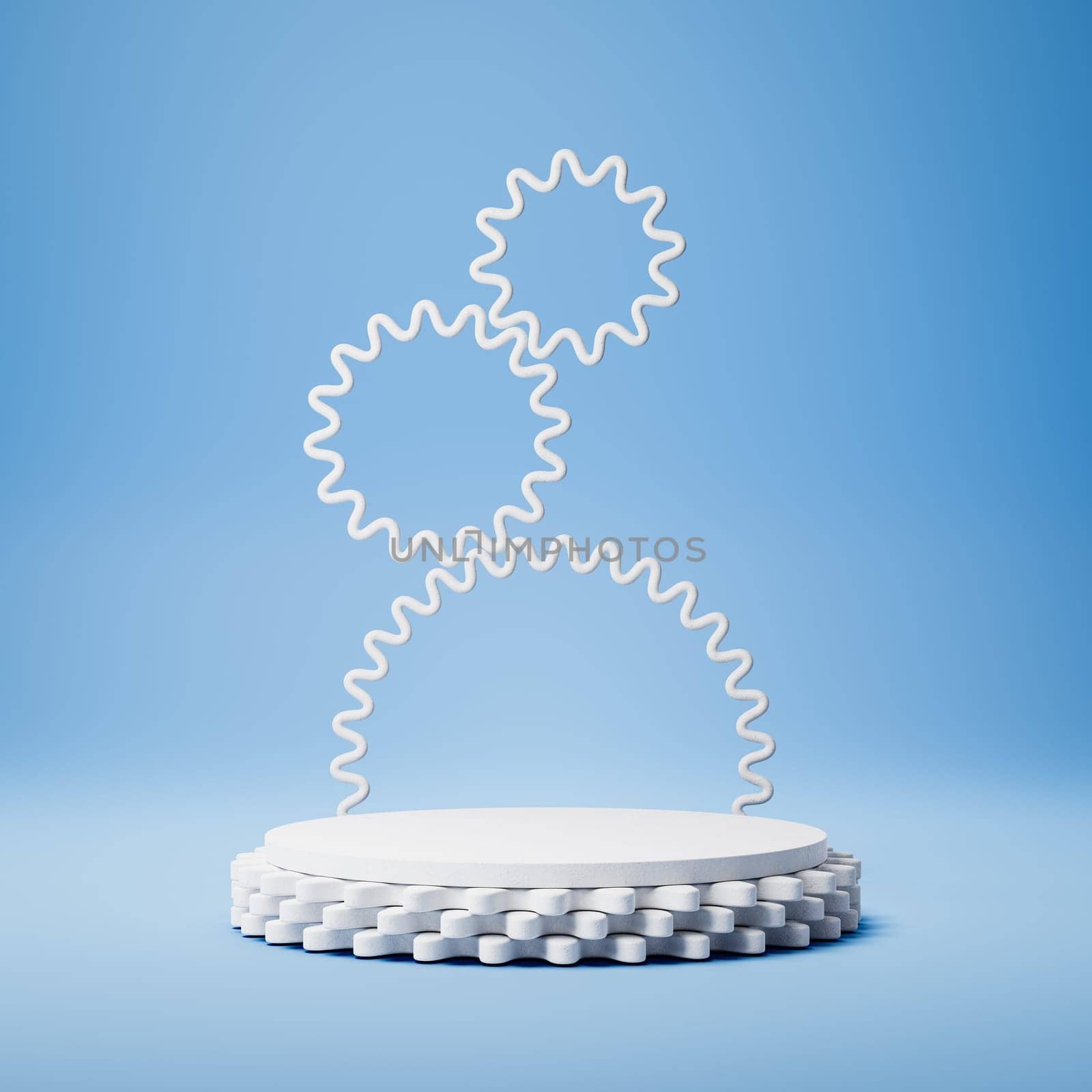 Empty Cylindrical Gear Shaped White Stucco Product Display Podium on Blue Background with Gears Decoration. 3D Rendering Illustration