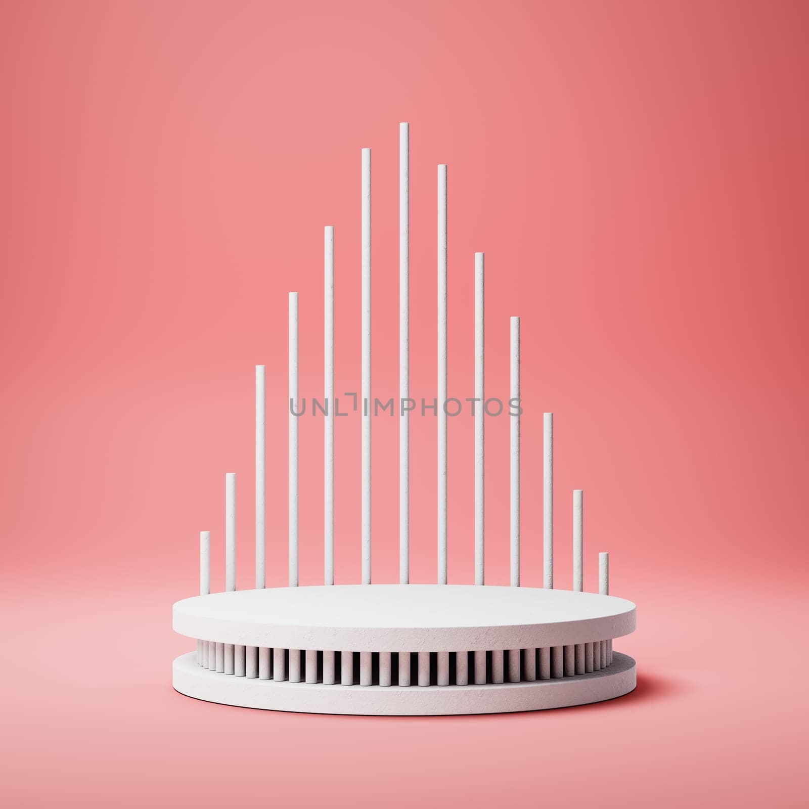 Empty Rounded White Stucco Product Display Podium with Decoration on Red Background. 3D Rendering Illustration