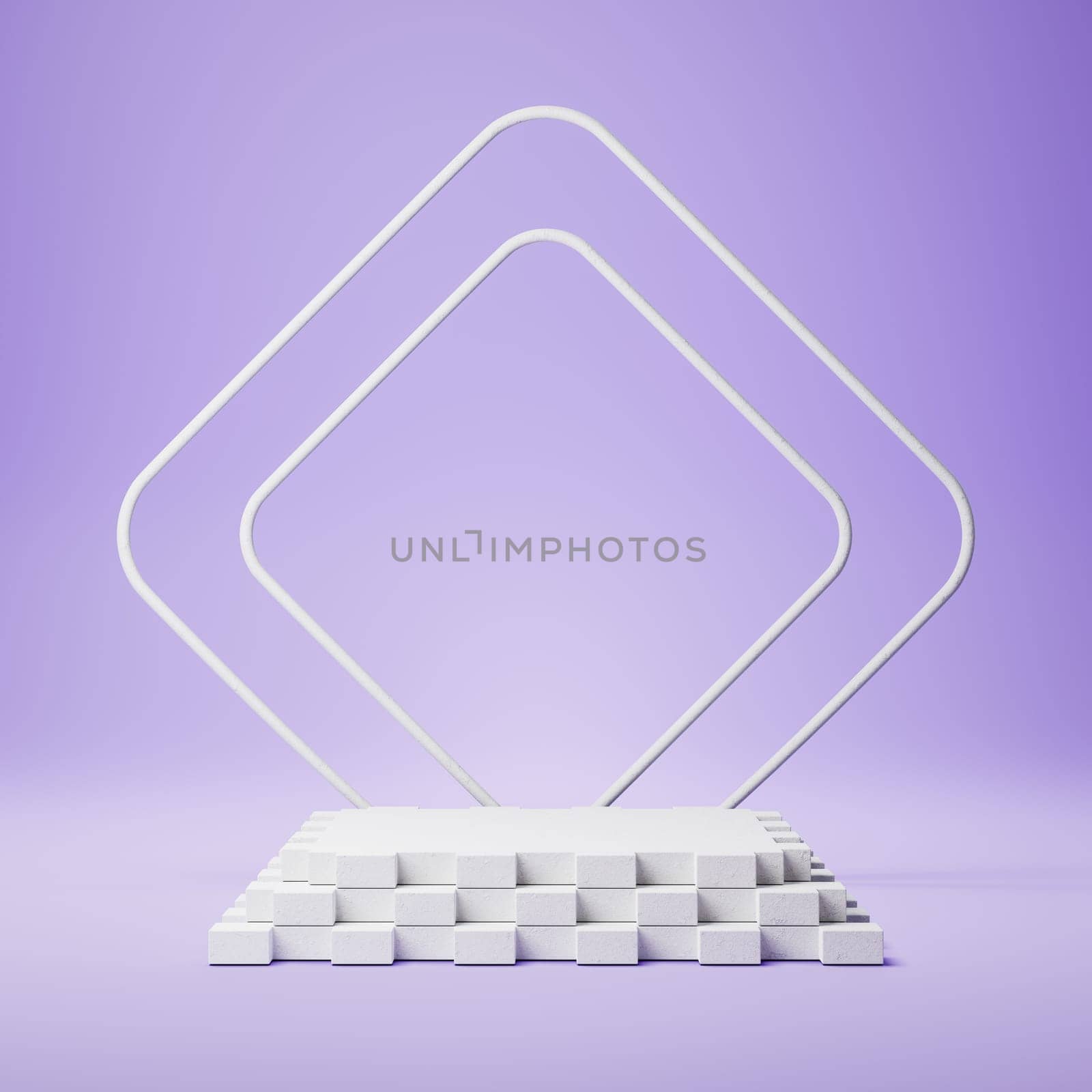 Empty Squared White Stucco Product Display Stage on Purple Background. 3D Rendering Illustration