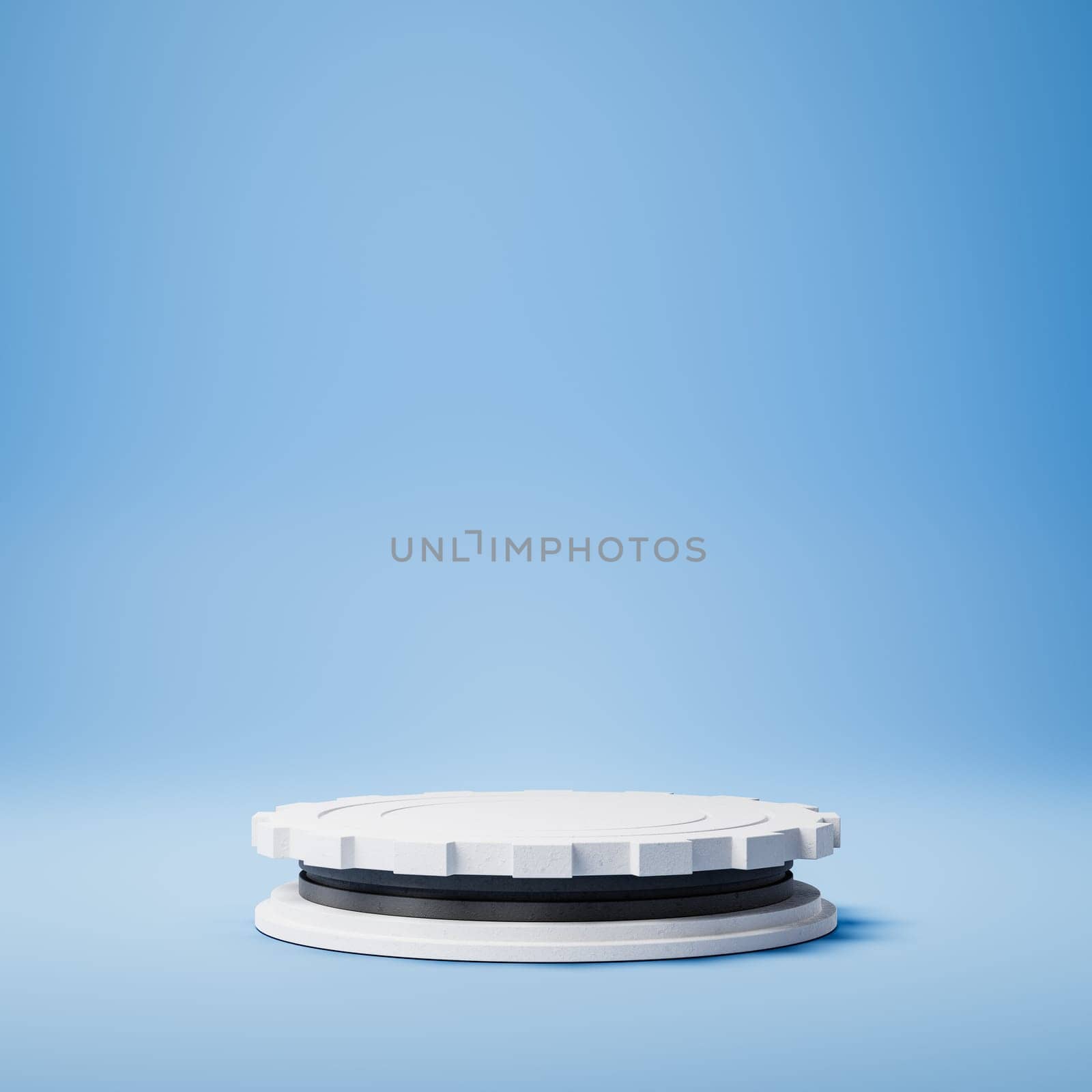 Empty Cylindrical Gear Black and White Stucco Product Display Podium on Blue Background. 3D Rendering Illustration