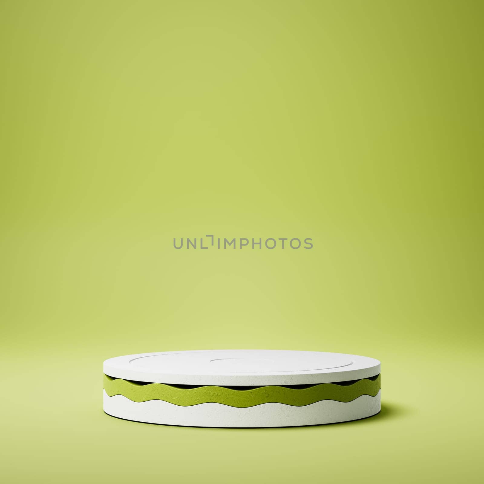 Empty Rounded White Stucco Product Display Pedestal on Green Background. 3D Rendering Illustration