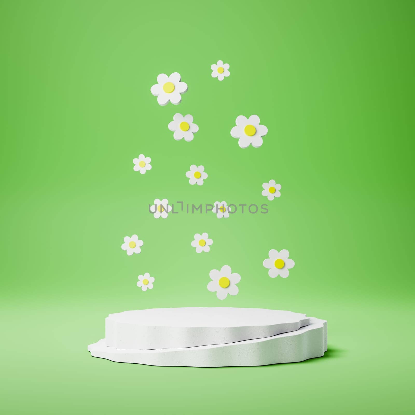 Empty Rounded White Stucco Product Display Pedestal with Daisy Flowers on Green Background. 3D Rendering Illustration, Spring Concept