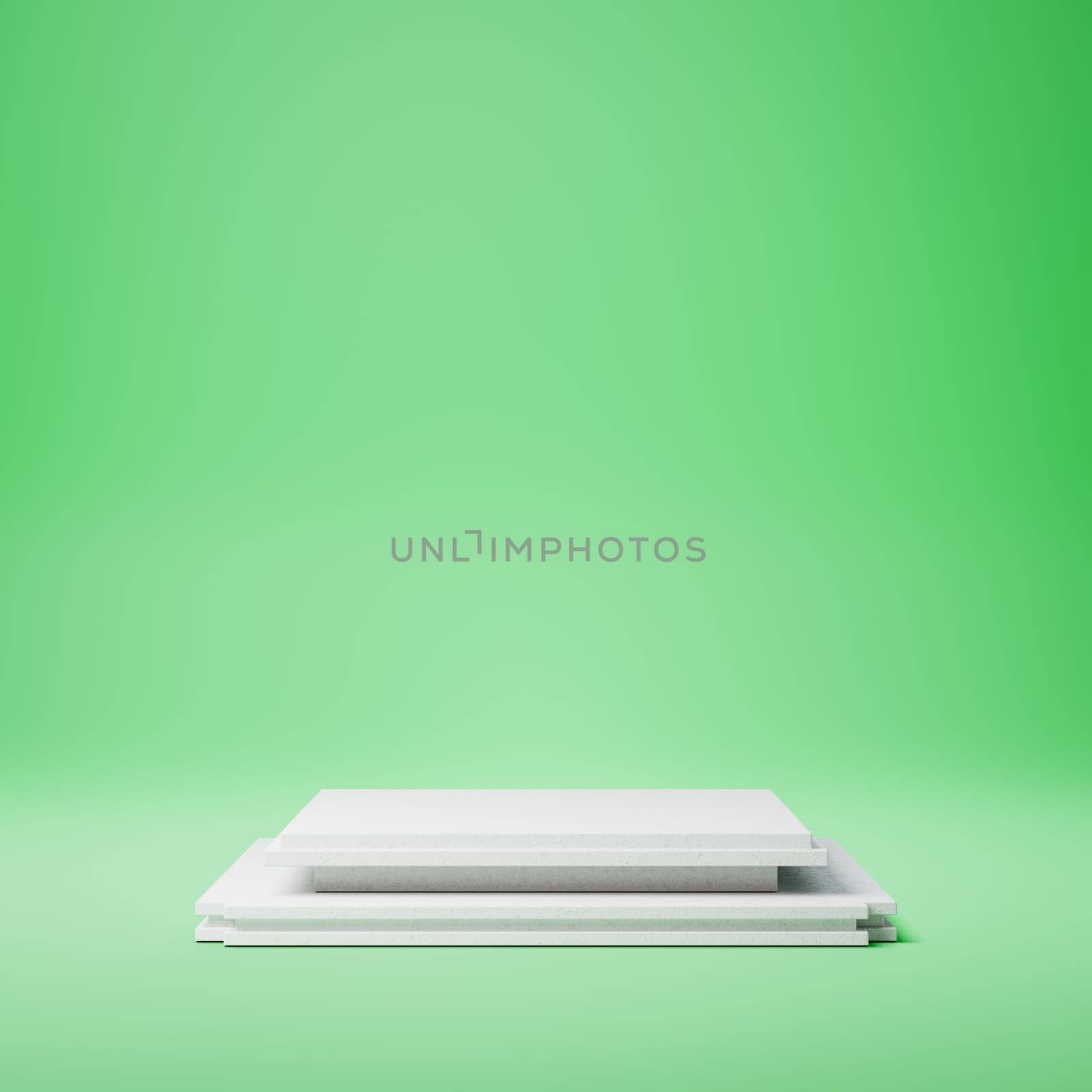 Empty Squared White Stucco Product Display Pedestal on Green Background. 3D Rendering Illustration