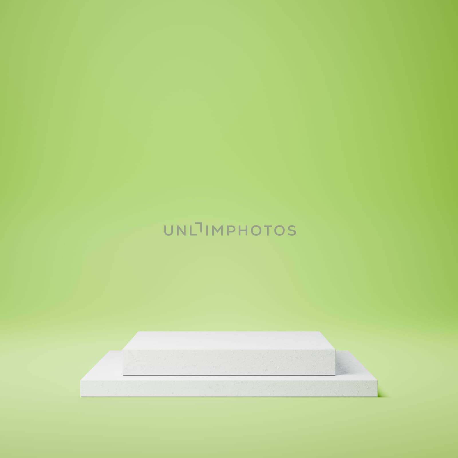 Empty Squared White Stucco Product Display Pedestal on Green Background. 3D Rendering Illustration