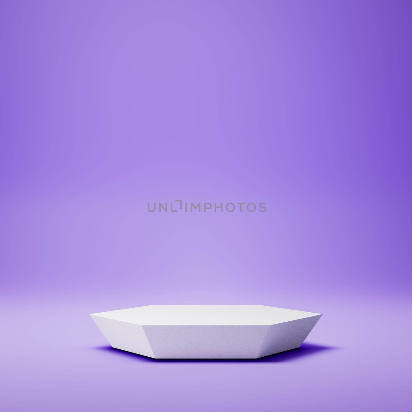 Empty Hexagonal White Stucco Product Display Stage on Purple Background. 3D Rendering Illustration