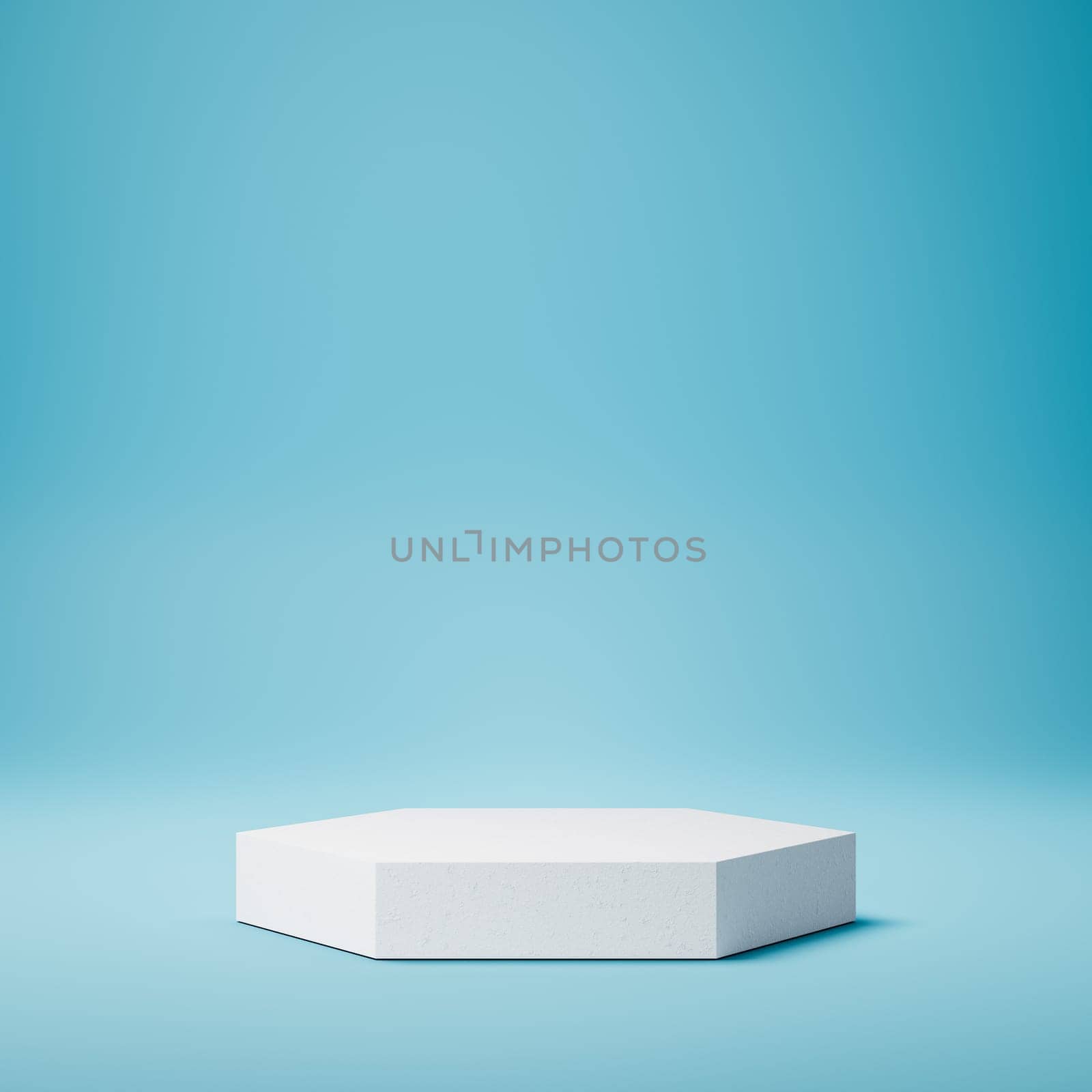 Empty Hexagonal White Stucco Product Display Podium on Blue Background. 3D Rendering Illustration