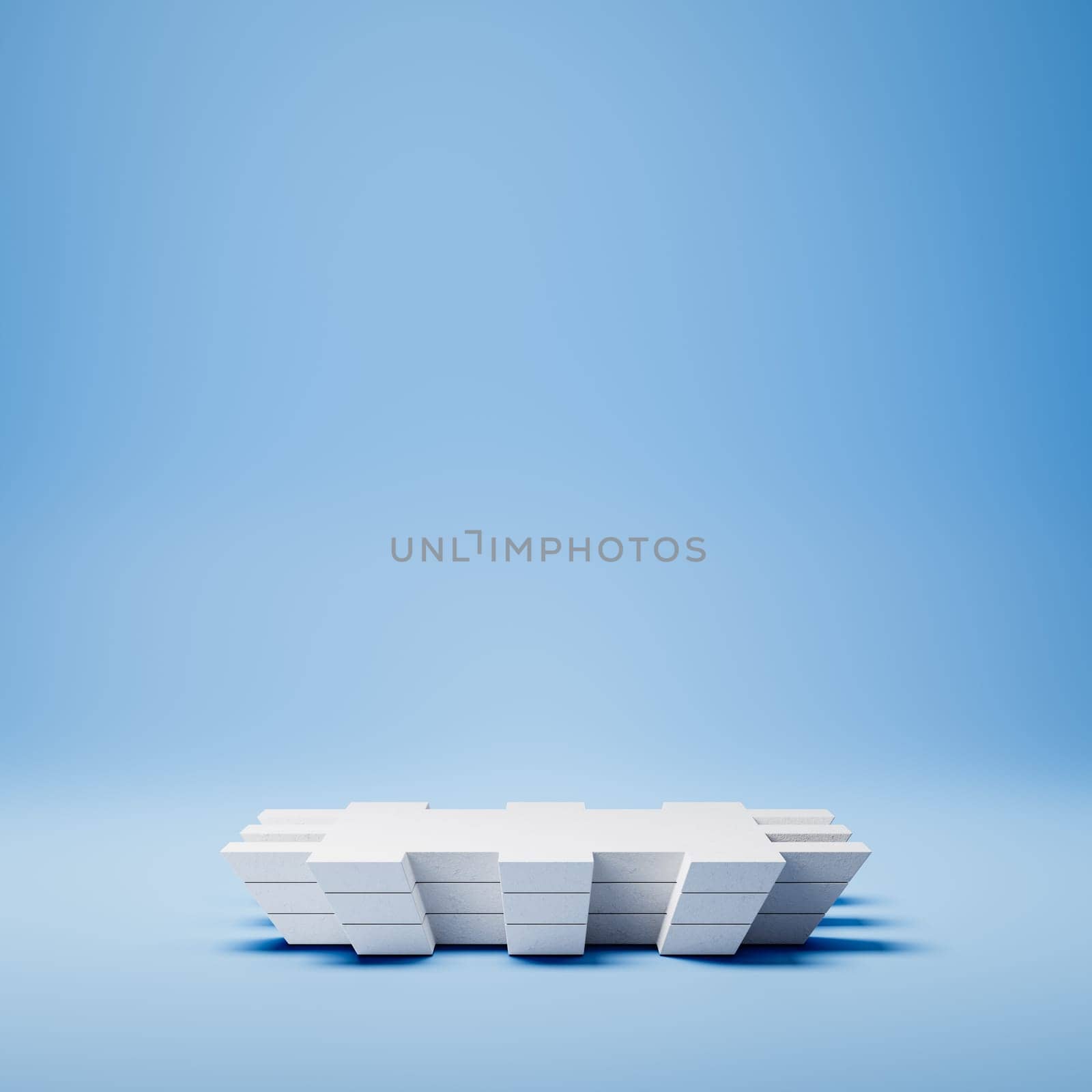Futuristic Empty White Stucco Product Display Podium on Blue Background. 3D Rendering Illustration