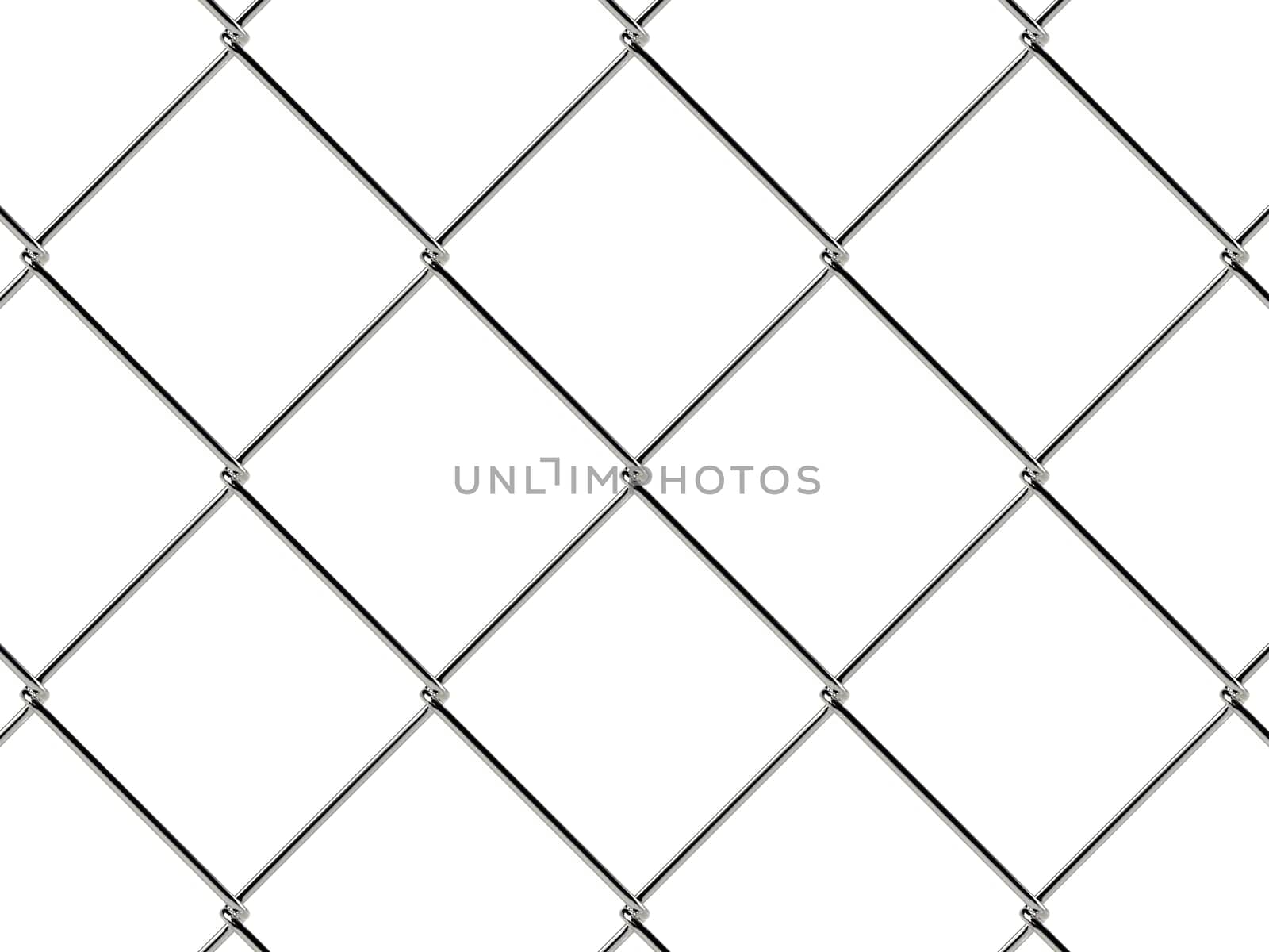 Chain link fence pattern. Industrial style wallpaper. Realistic geometric texture. Steel wire wall isolated on white. 3D illustration.